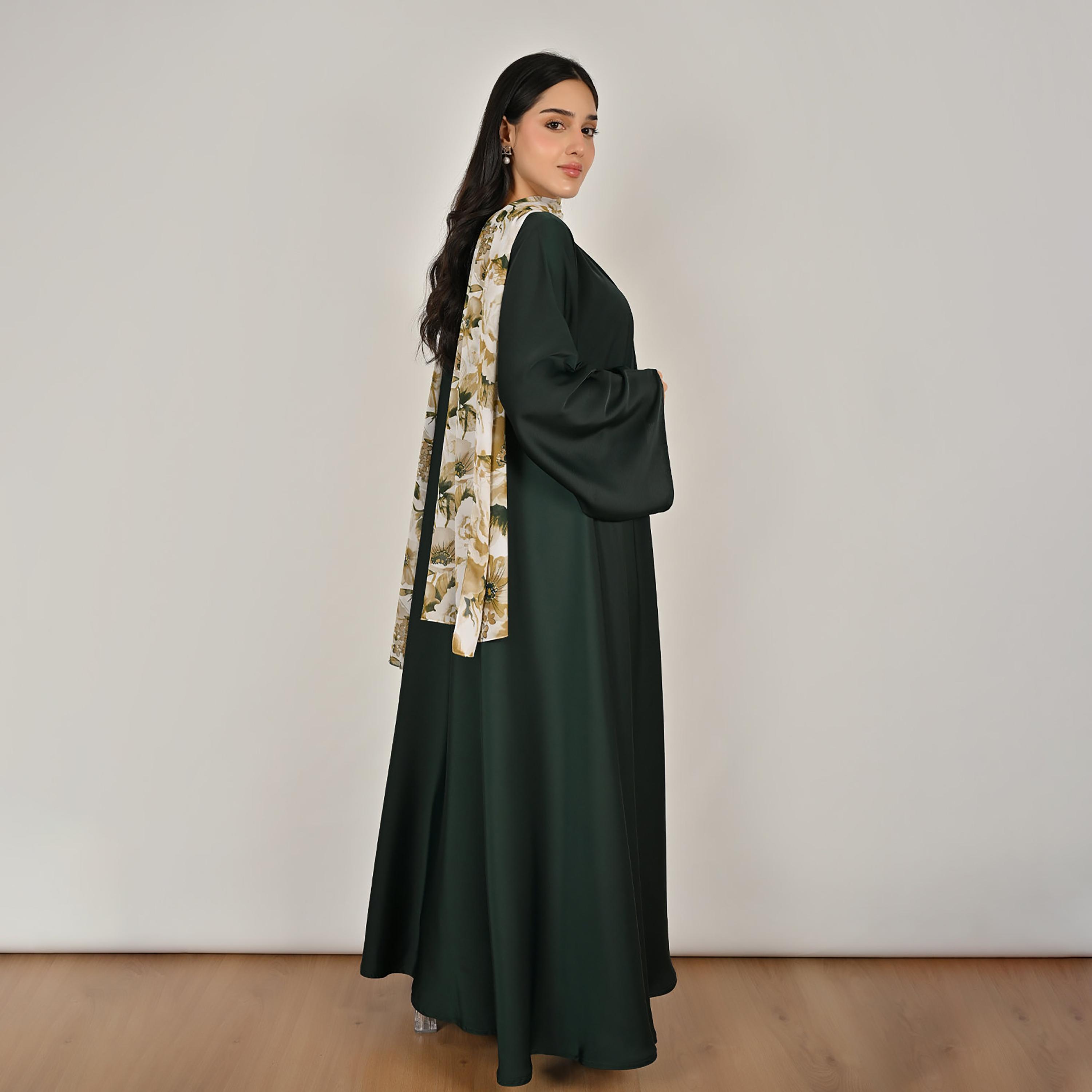 Hawraa Green Wide Sleeves Flared Cut Open Front Women's Linen Abaya with Printed Hijab-women-arabicclothing-abayas-image-5
