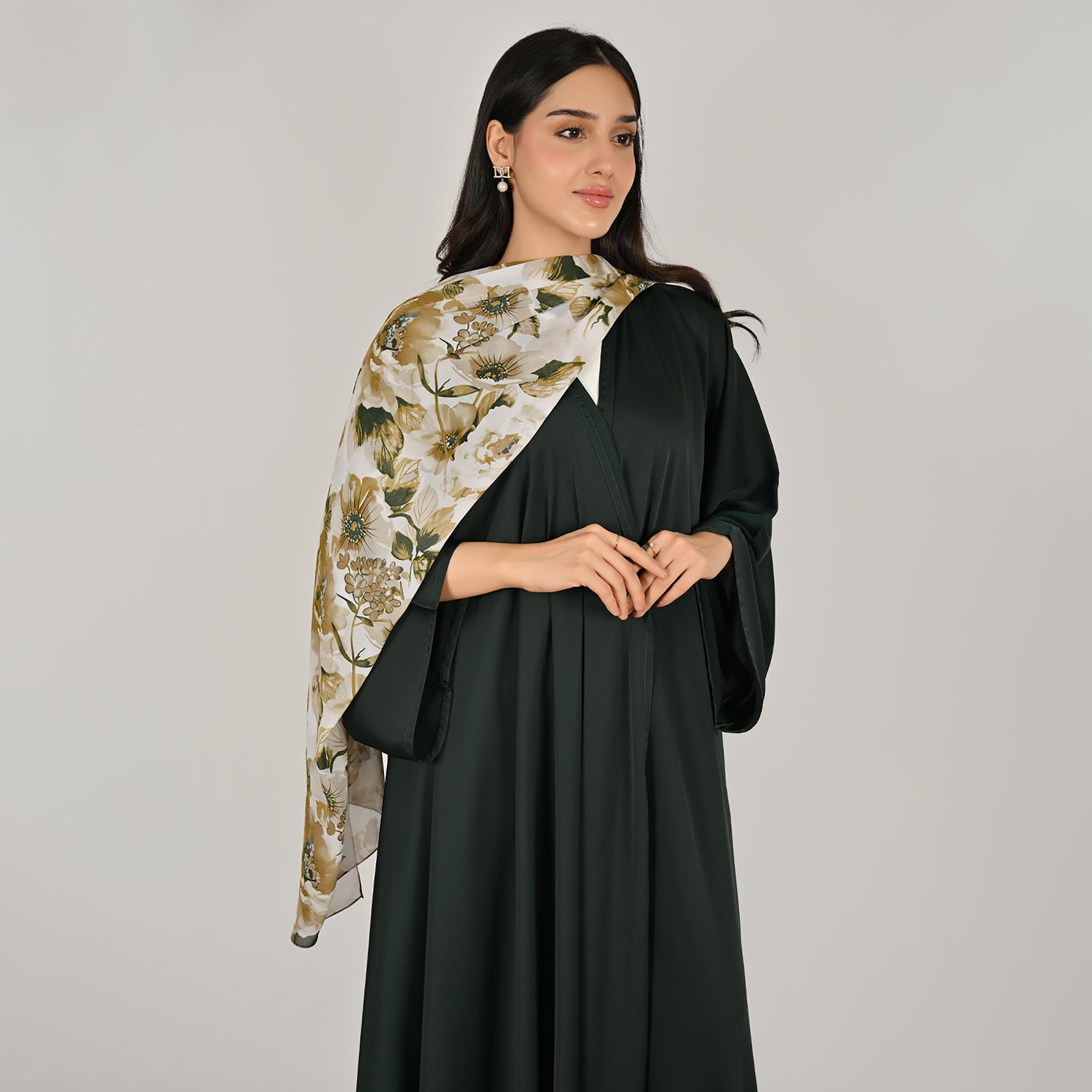 Hawraa Green Wide Sleeves Flared Cut Open Front Women's Linen Abaya with Printed Hijab-women-arabicclothing-abayas-image-6