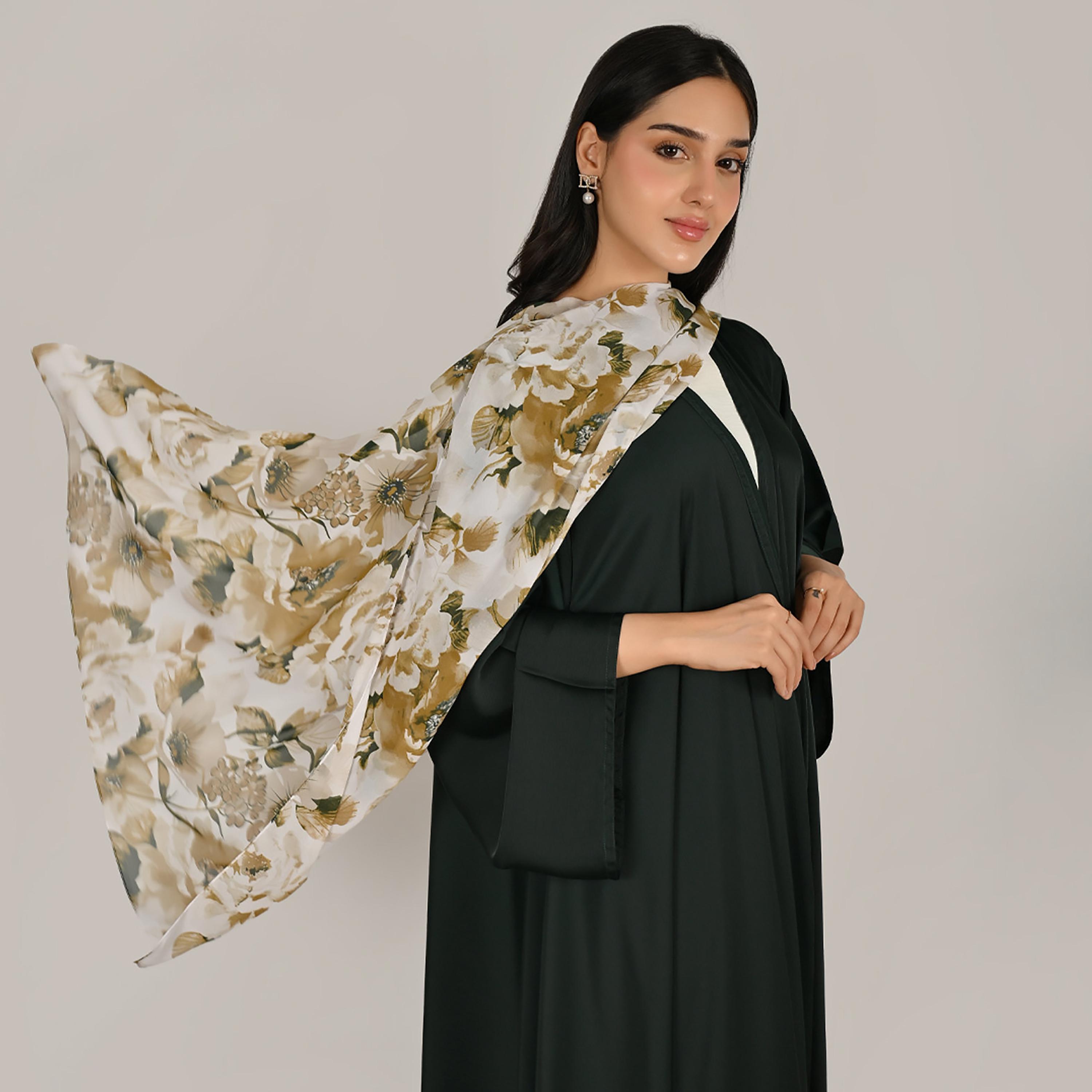 Hawraa Green Wide Sleeves Flared Cut Open Front Women's Linen Abaya with Printed Hijab-women-arabicclothing-abayas-image-7