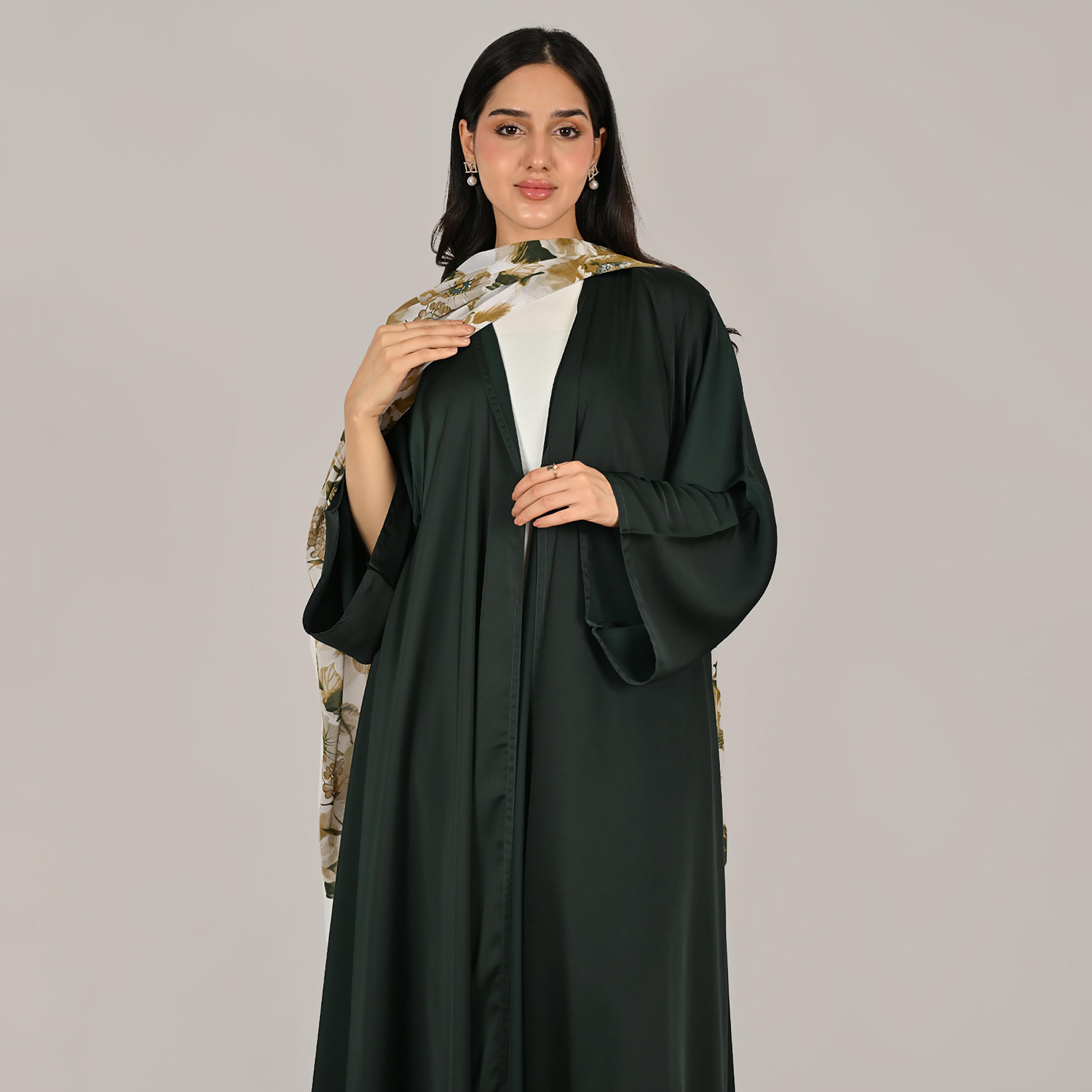 Hawraa Green Wide Sleeves Flared Cut Open Front Women's Linen Abaya with Printed Hijab-women-arabicclothing-abayas-image-8