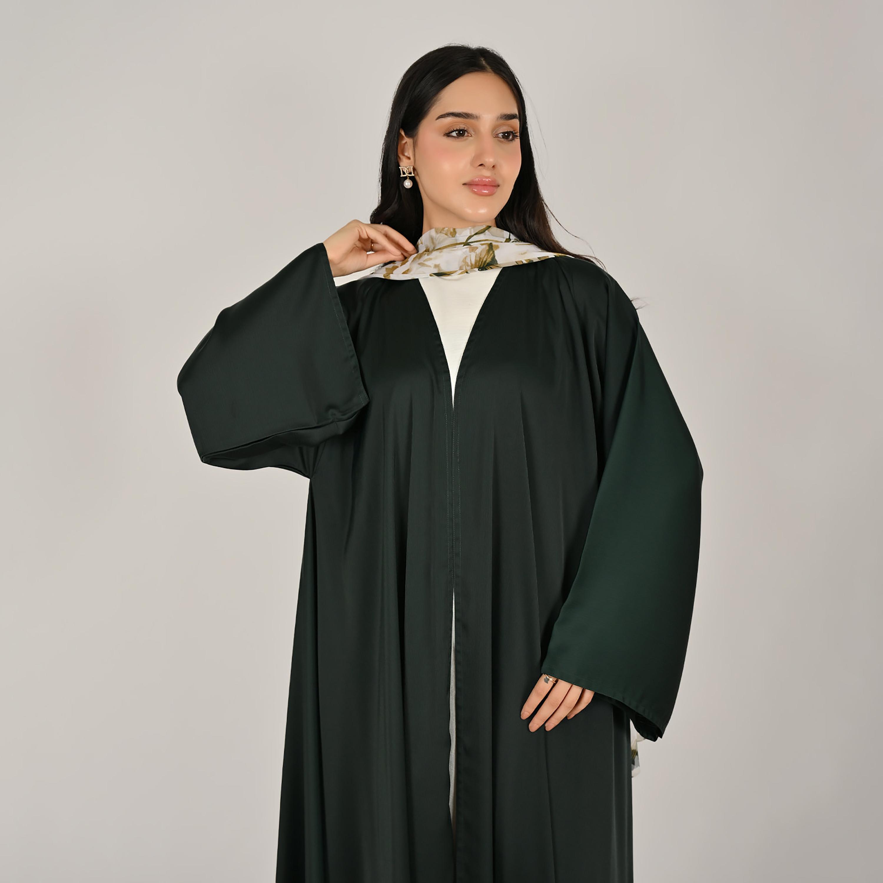 Hawraa Green Wide Sleeves Flared Cut Open Front Women's Linen Abaya with Printed Hijab-women-arabicclothing-abayas-image-9