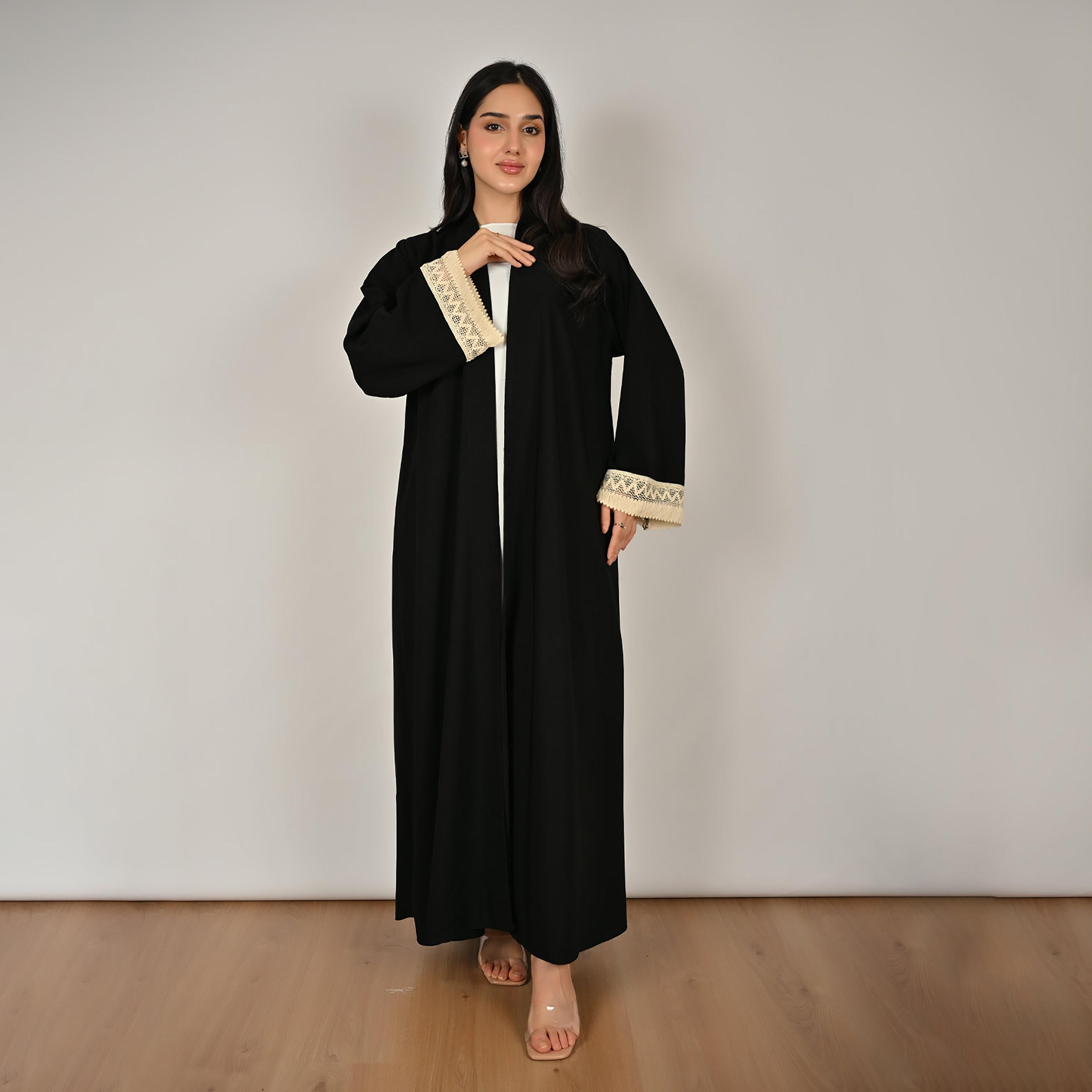 Hawraa Black Wide Sleeves Crochet Detail Open Front Women's Linen Abaya with Hijab-women-arabicclothing-abayas-image-1