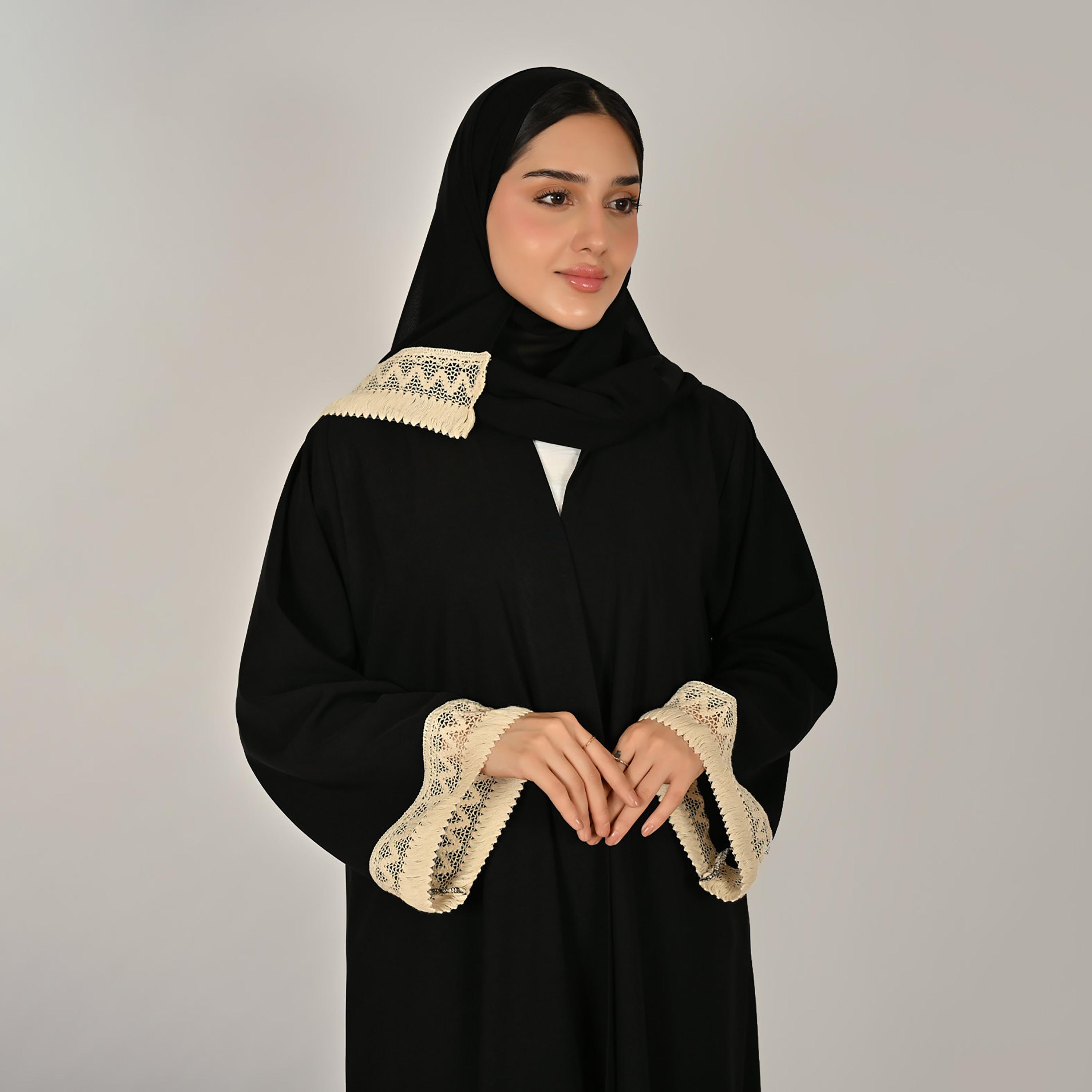 Hawraa Black Wide Sleeves Crochet Detail Open Front Women's Linen Abaya with Hijab-women-arabicclothing-abayas-image-2