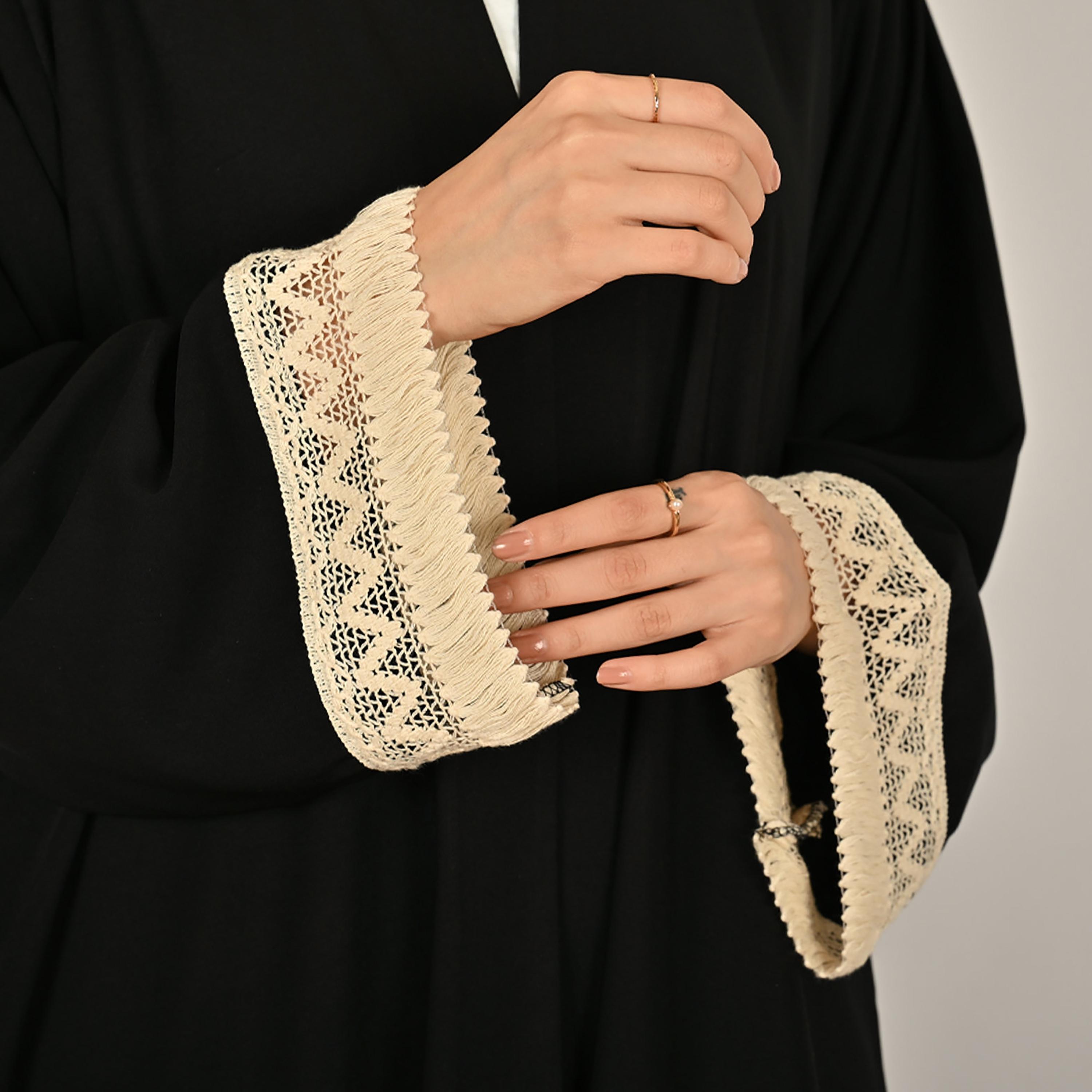 Hawraa Black Wide Sleeves Crochet Detail Open Front Women's Linen Abaya with Hijab-women-arabicclothing-abayas-image-3