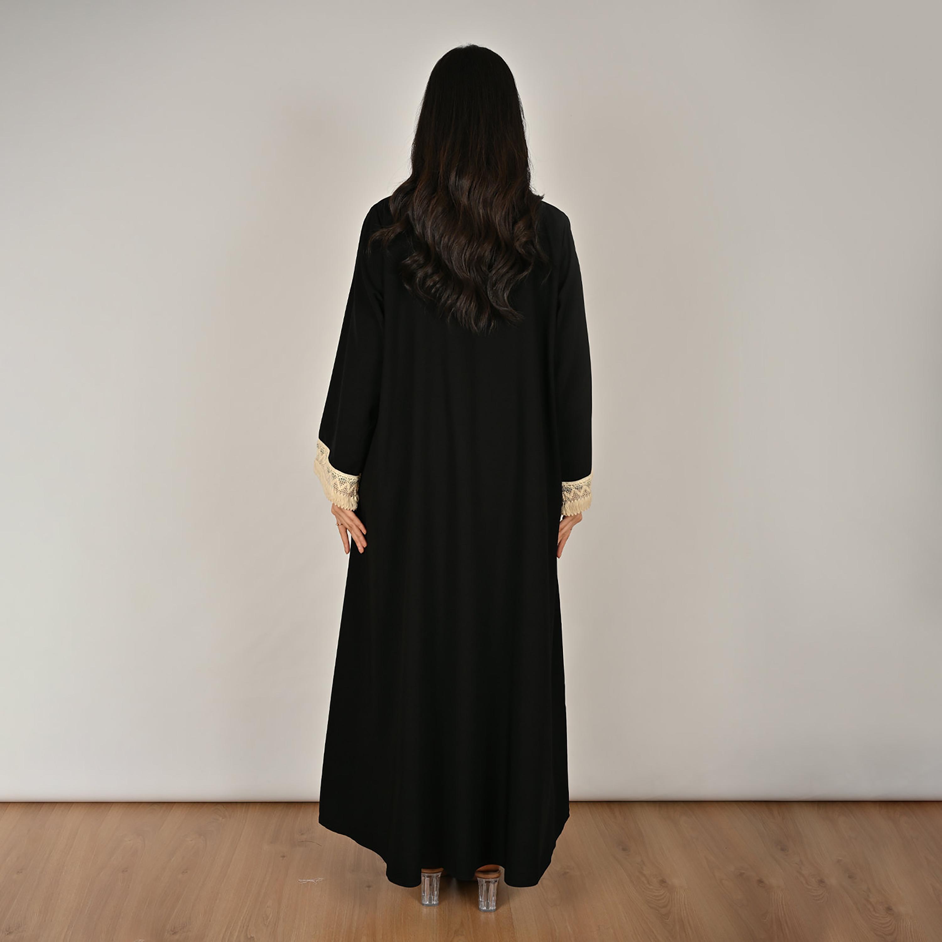 Hawraa Black Wide Sleeves Crochet Detail Open Front Women's Linen Abaya with Hijab-women-arabicclothing-abayas-image-4