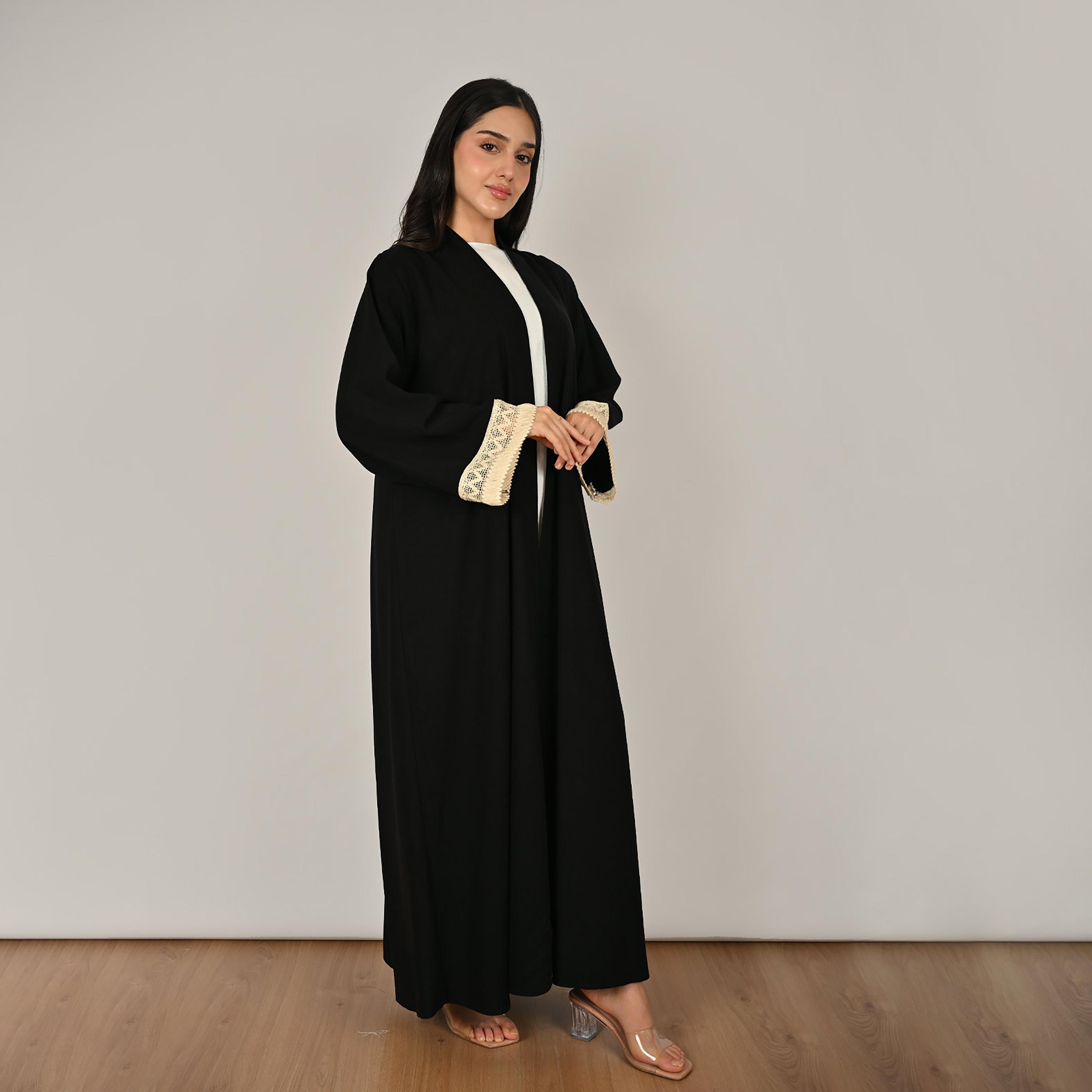 Hawraa Black Wide Sleeves Crochet Detail Open Front Women's Linen Abaya with Hijab-women-arabicclothing-abayas-image-5
