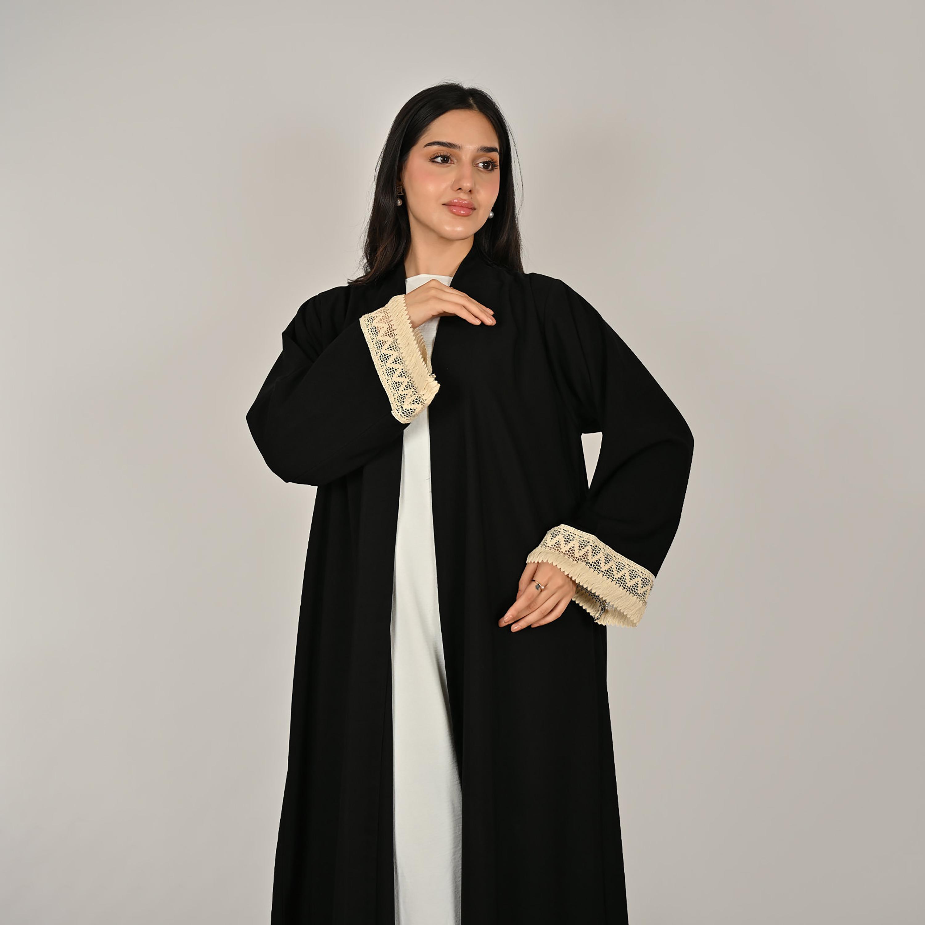 Hawraa Black Wide Sleeves Crochet Detail Open Front Women's Linen Abaya with Hijab-women-arabicclothing-abayas-image-6