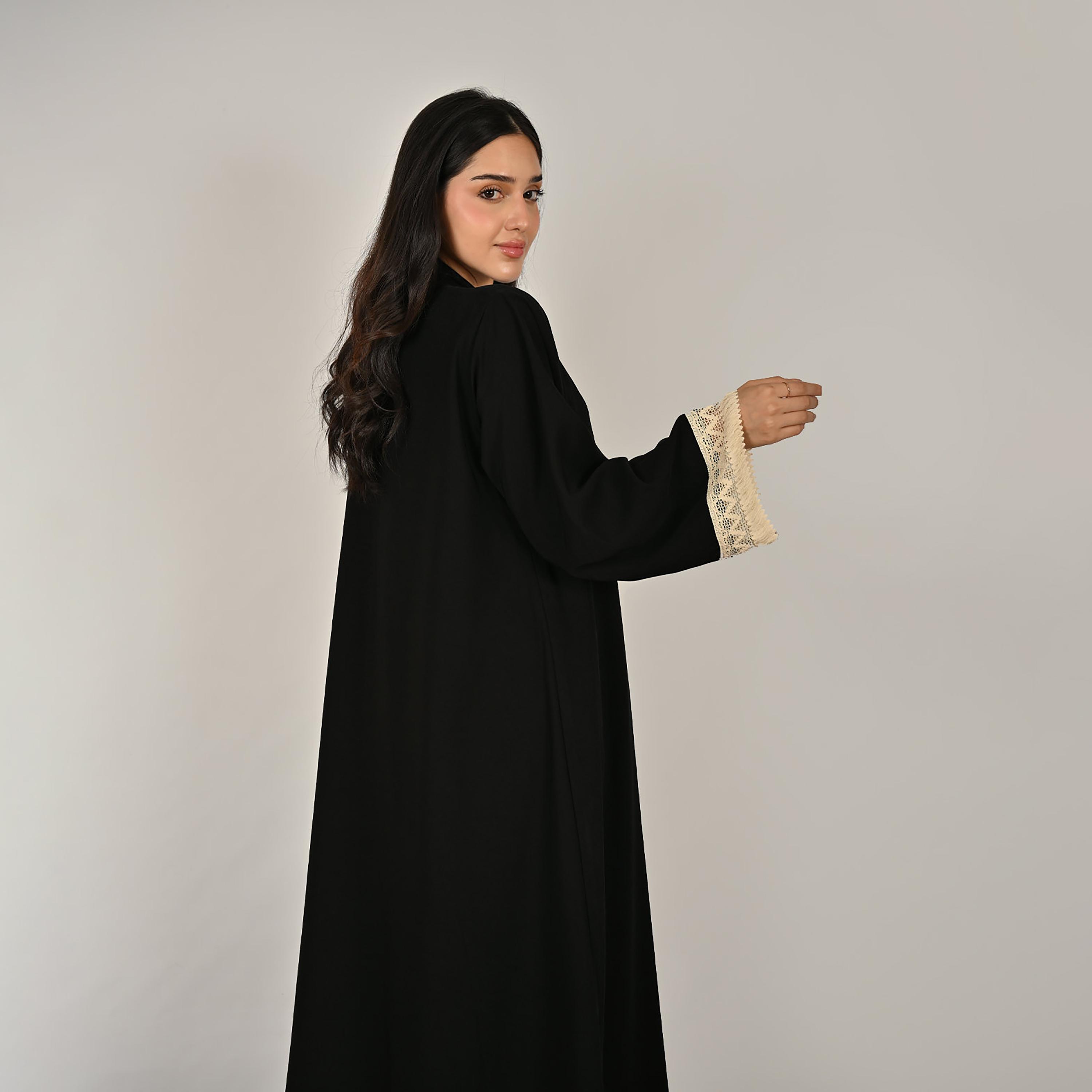 Hawraa Black Wide Sleeves Crochet Detail Open Front Women's Linen Abaya with Hijab-women-arabicclothing-abayas-image-7
