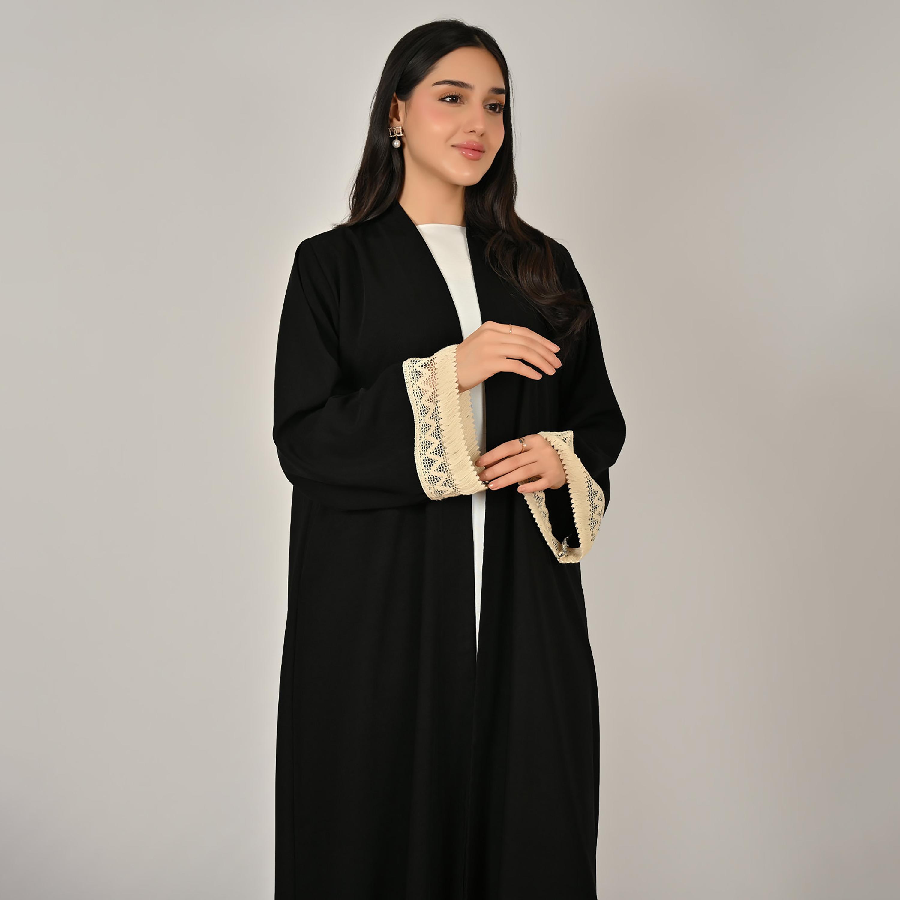 Hawraa Black Wide Sleeves Crochet Detail Open Front Women's Linen Abaya with Hijab-women-arabicclothing-abayas-image-8