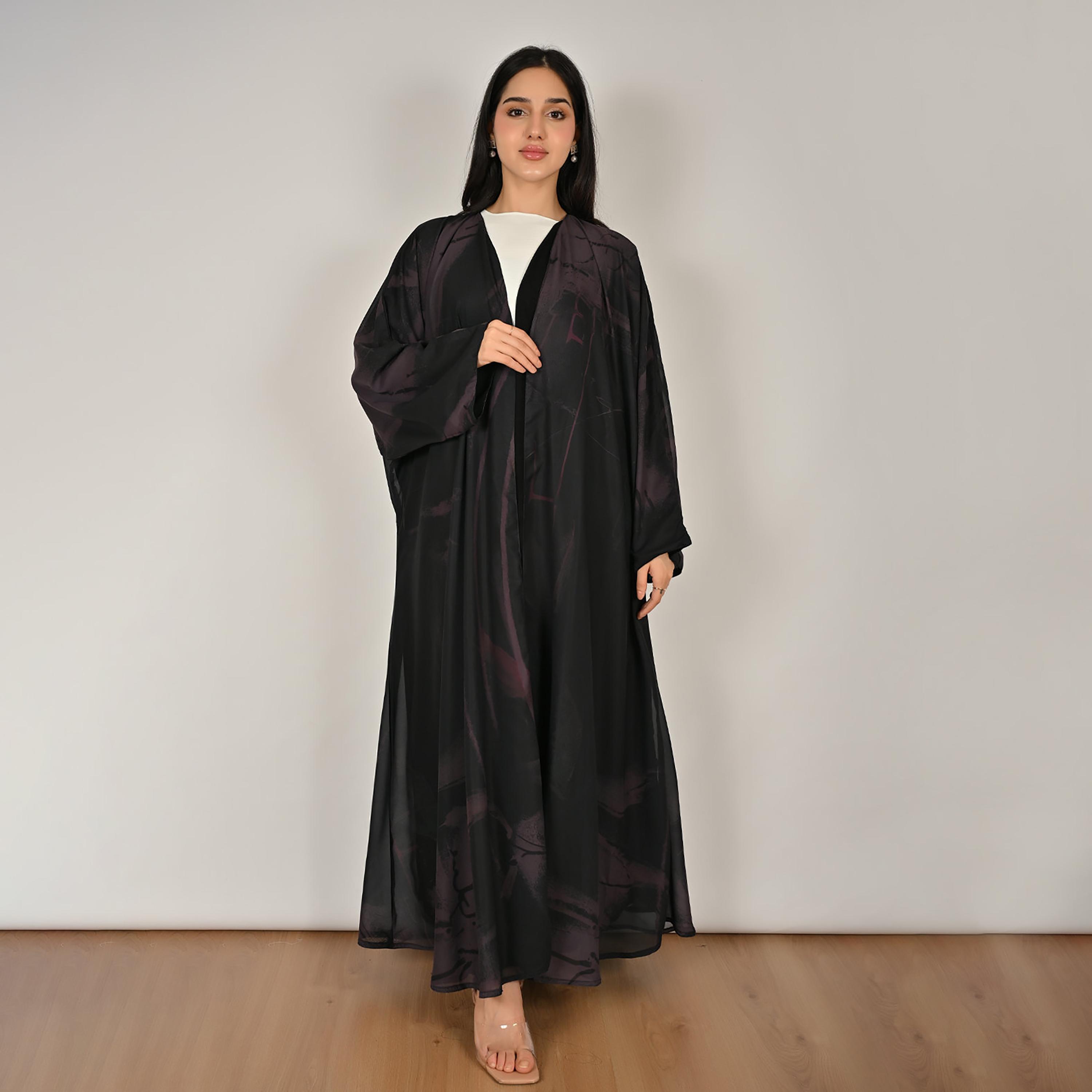 Hawraa Black & Purple Wide Sleeves Abstract Print Women's Double Face Linen Abaya with Hijab-women-arabicclothing-abayas-image-1