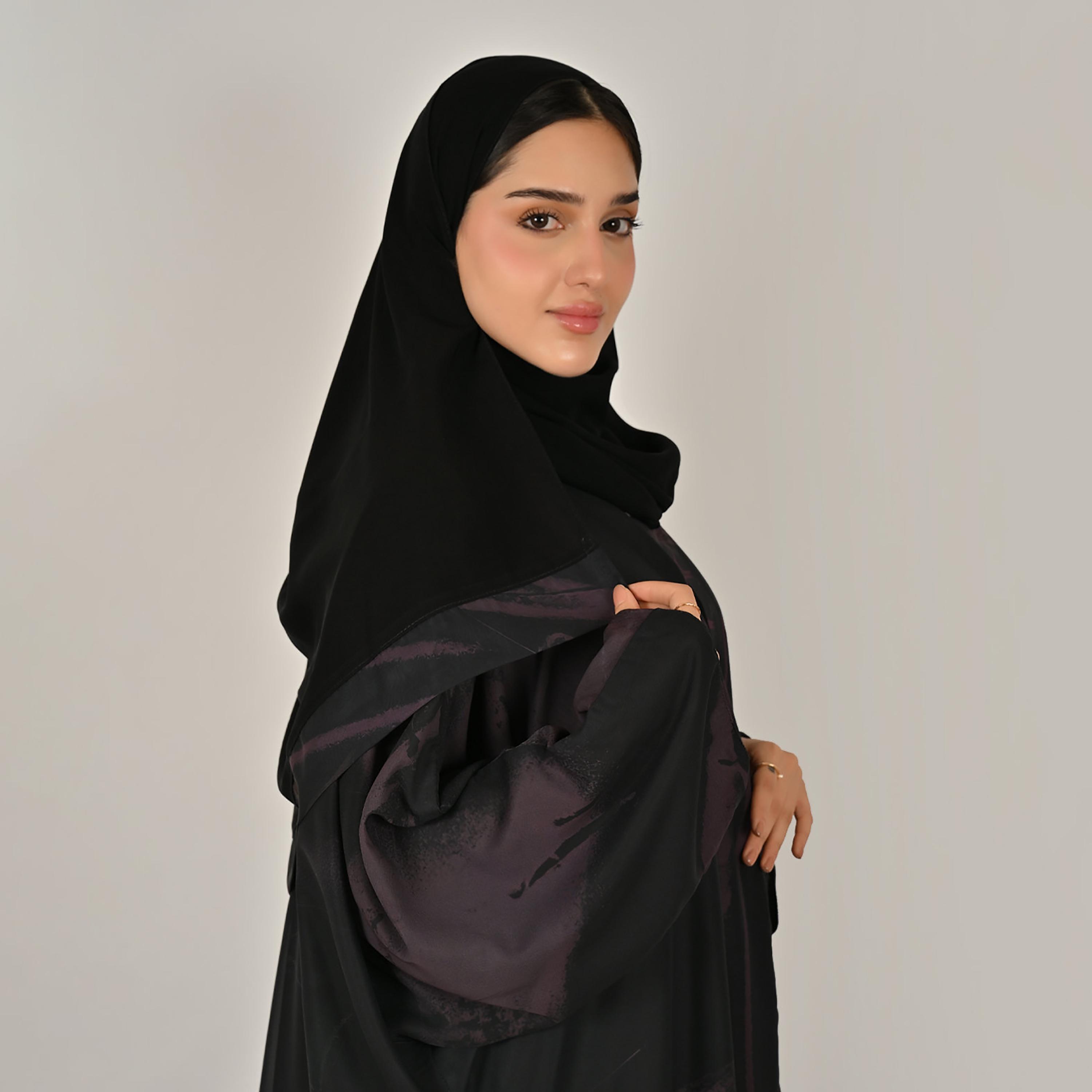 Hawraa Black & Purple Wide Sleeves Abstract Print Women's Double Face Linen Abaya with Hijab-women-arabicclothing-abayas-image-2