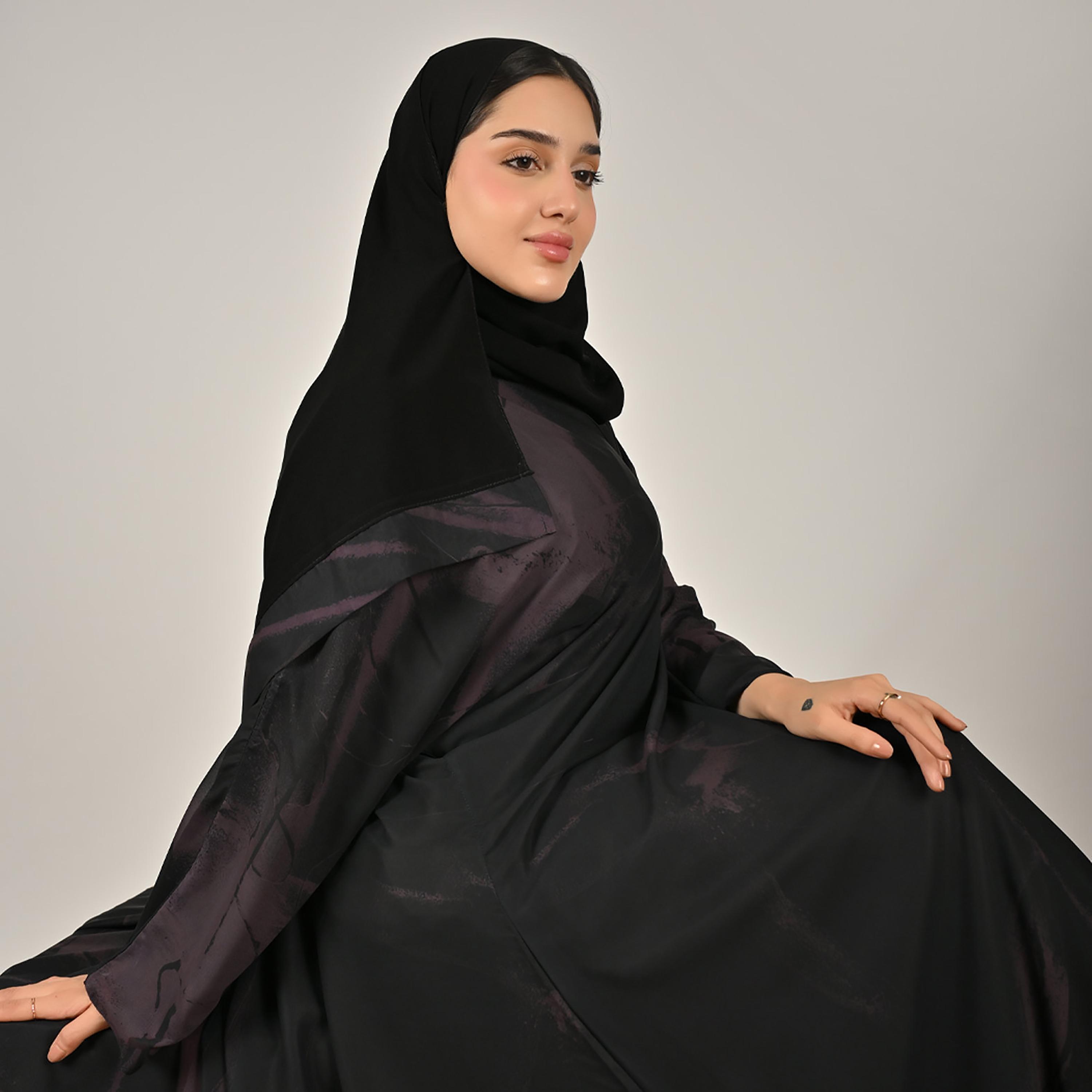 Hawraa Black & Purple Wide Sleeves Abstract Print Women's Double Face Linen Abaya with Hijab-women-arabicclothing-abayas-image-3
