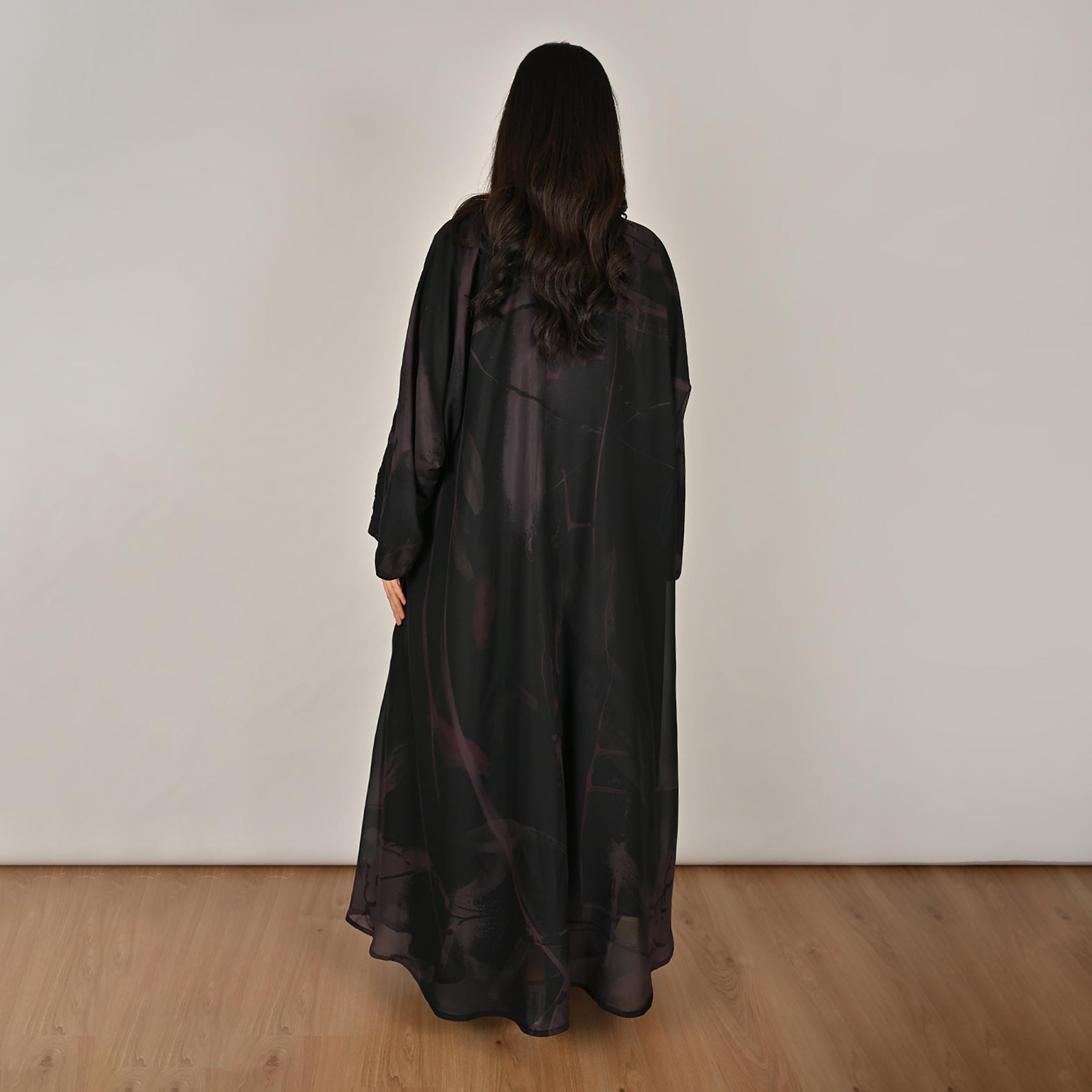 Hawraa Black & Purple Wide Sleeves Abstract Print Women's Double Face Linen Abaya with Hijab-women-arabicclothing-abayas-image-4