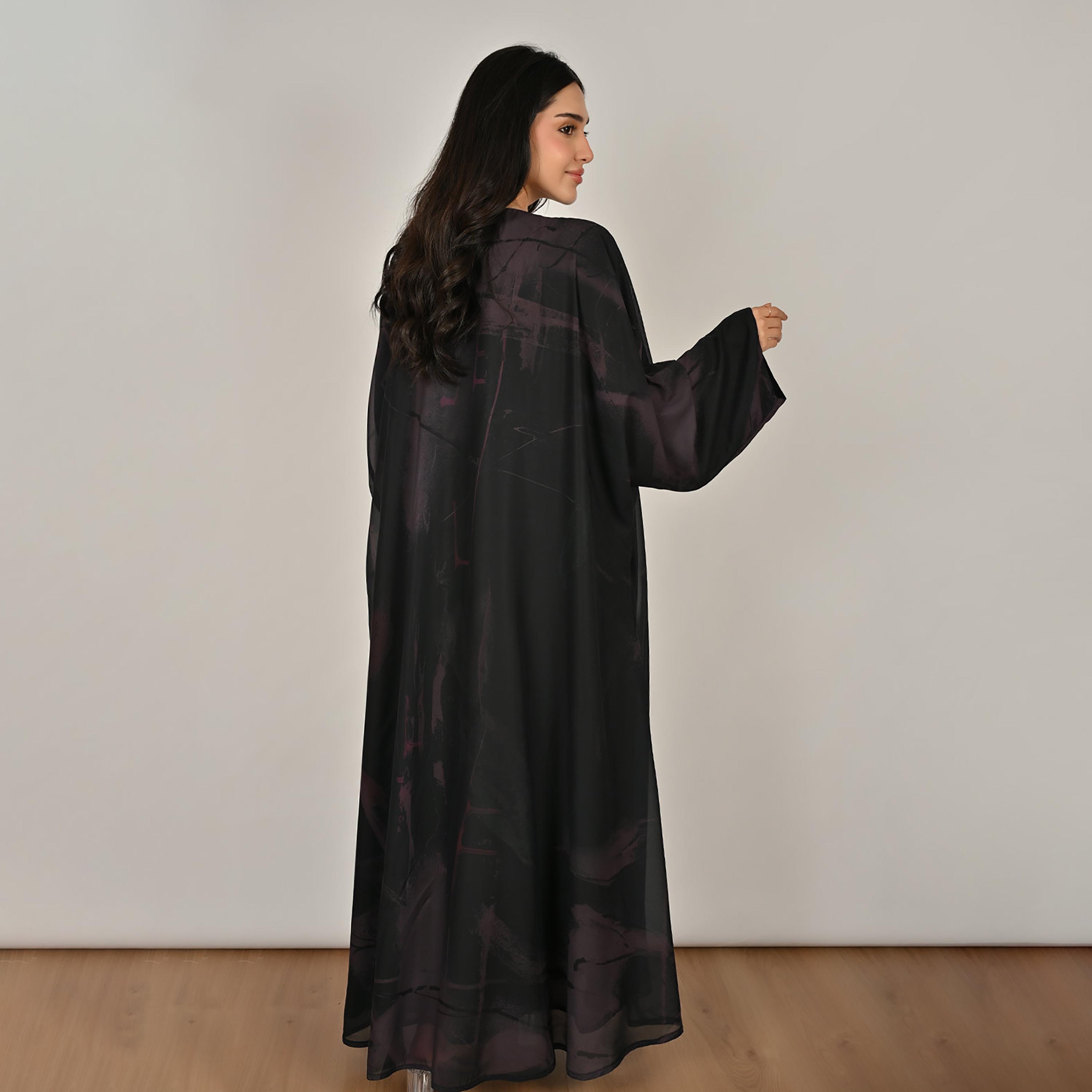 Hawraa Black & Purple Wide Sleeves Abstract Print Women's Double Face Linen Abaya with Hijab-women-arabicclothing-abayas-image-5