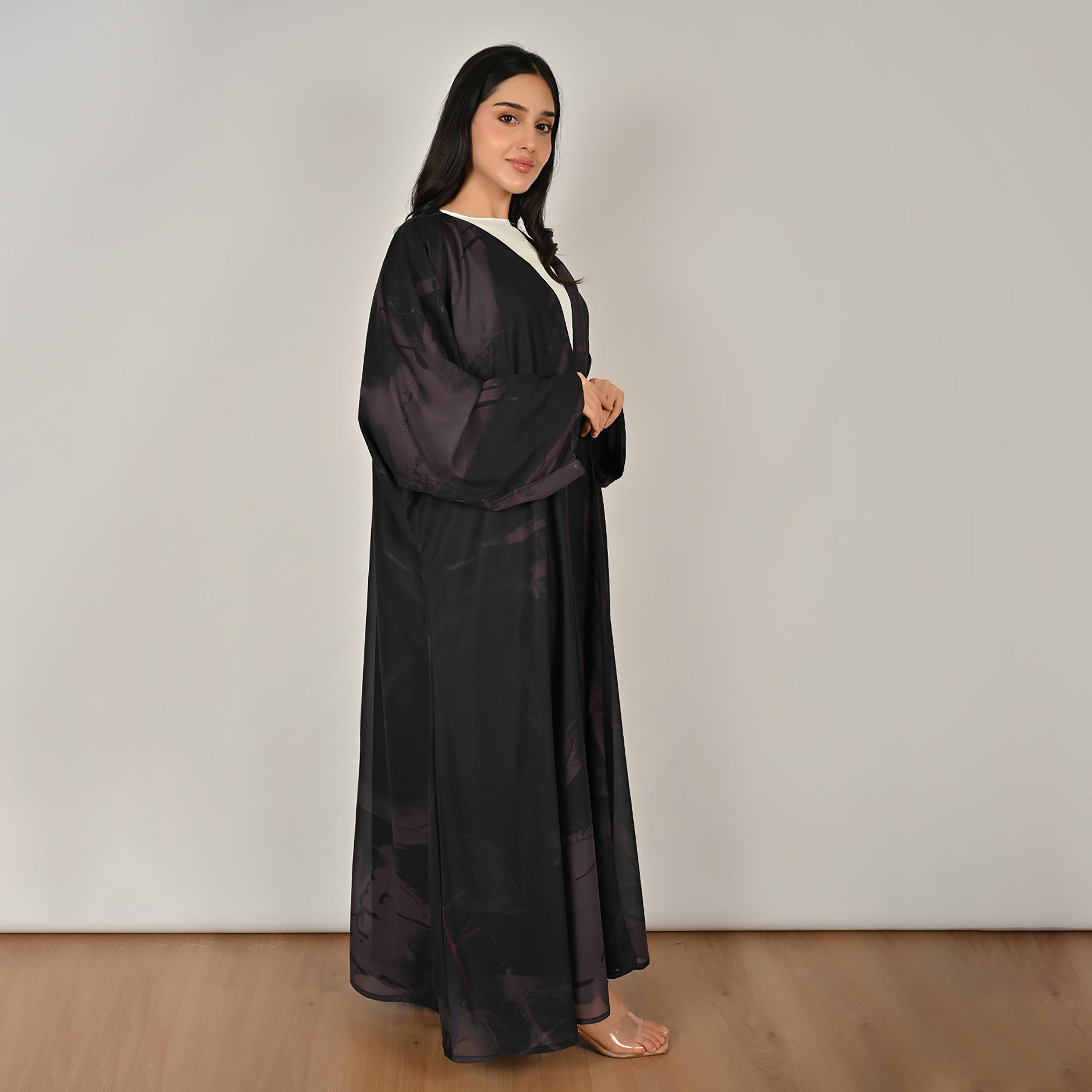 Hawraa Black & Purple Wide Sleeves Abstract Print Women's Double Face Linen Abaya with Hijab-women-arabicclothing-abayas-image-6