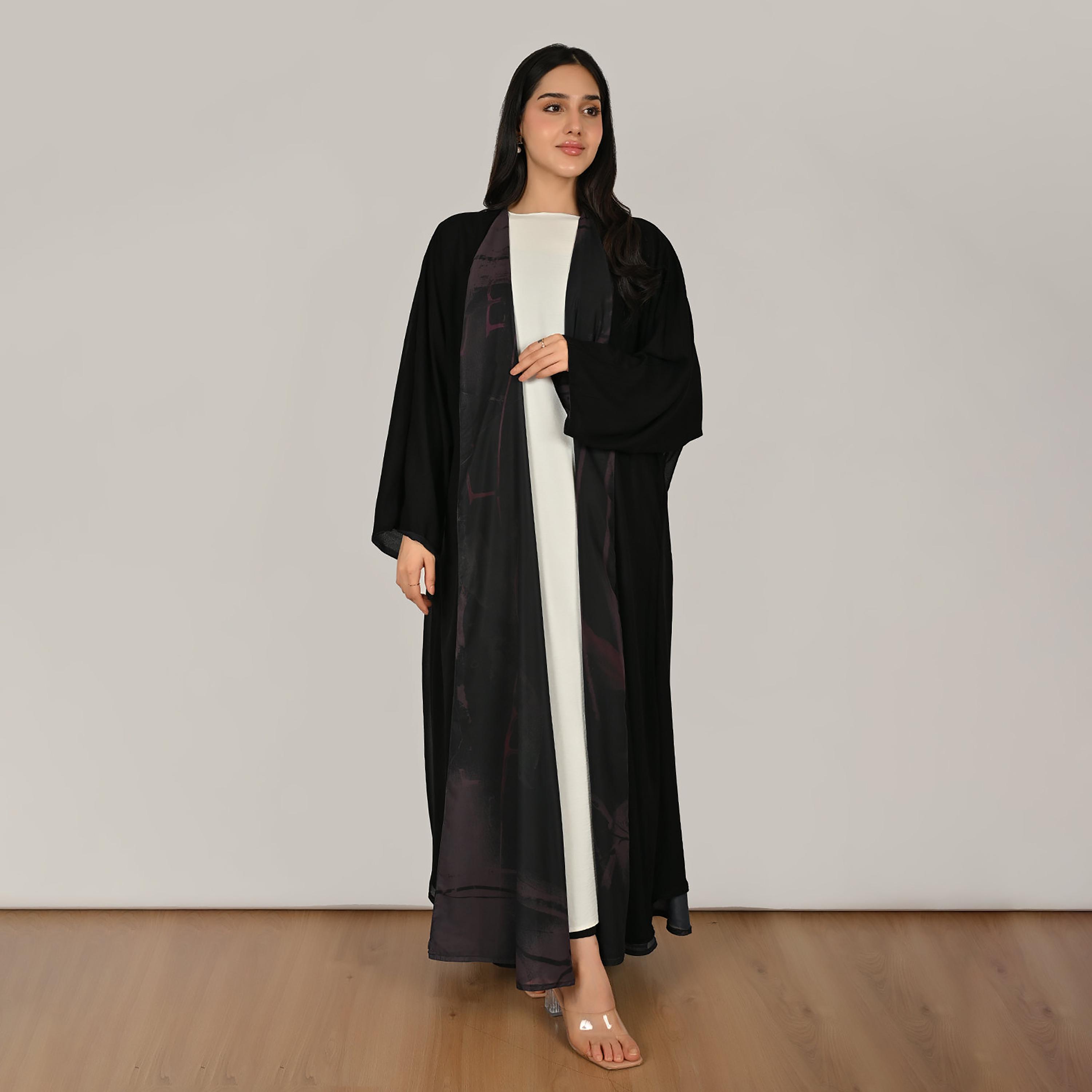 Hawraa Black & Purple Wide Sleeves Abstract Print Women's Double Face Linen Abaya with Hijab-women-arabicclothing-abayas-image-7