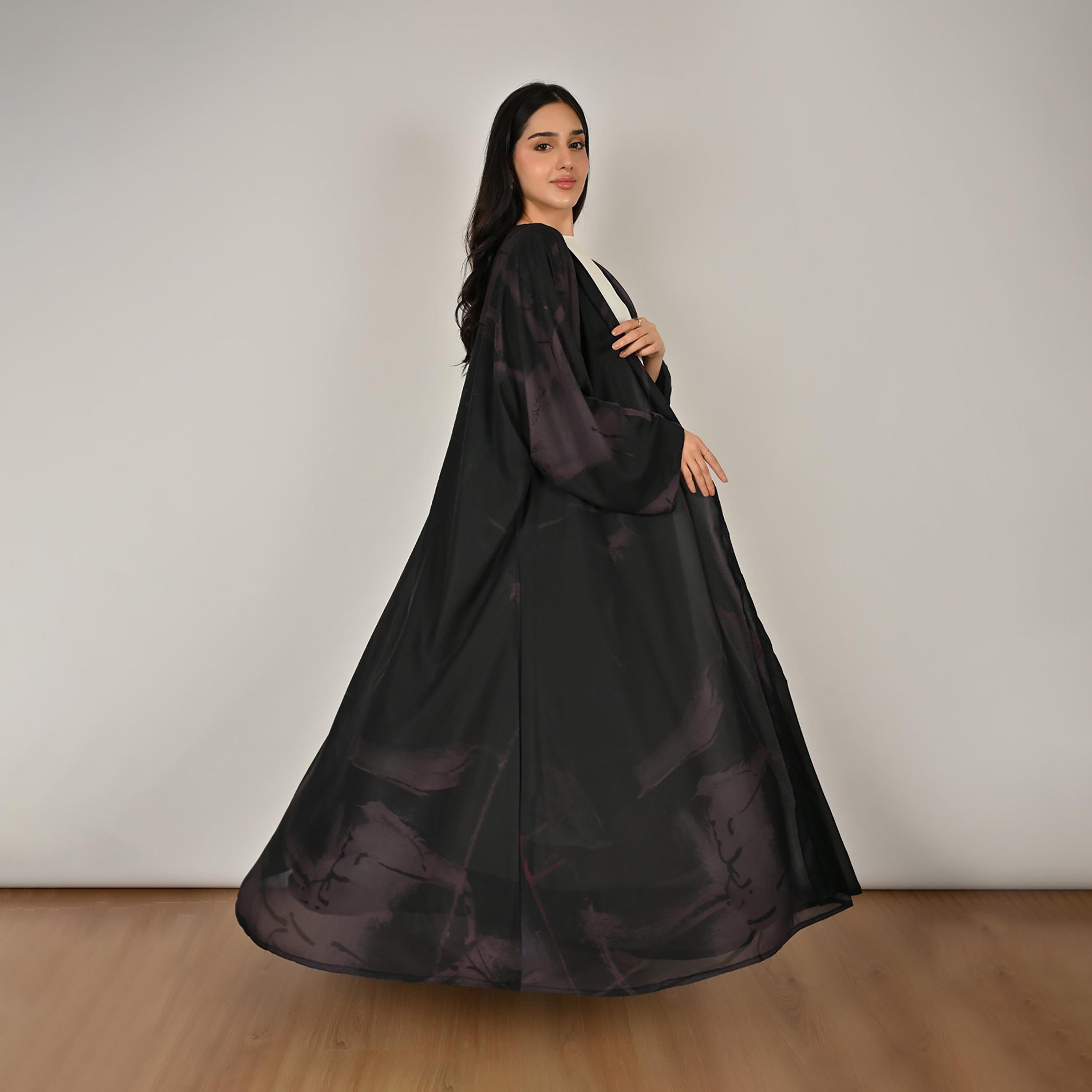 Hawraa Black & Purple Wide Sleeves Abstract Print Women's Double Face Linen Abaya with Hijab-women-arabicclothing-abayas-image-8