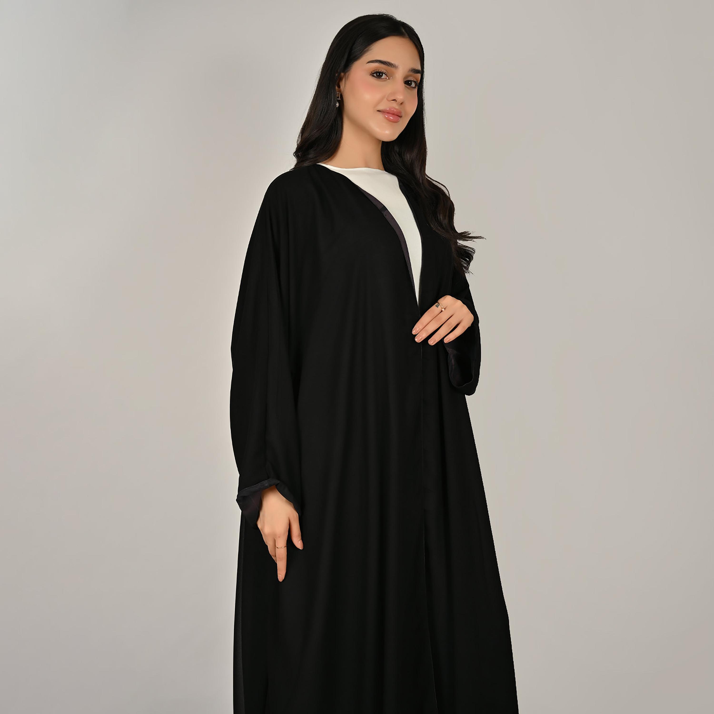 Hawraa Black & Purple Wide Sleeves Abstract Print Women's Double Face Linen Abaya with Hijab-women-arabicclothing-abayas-image-9