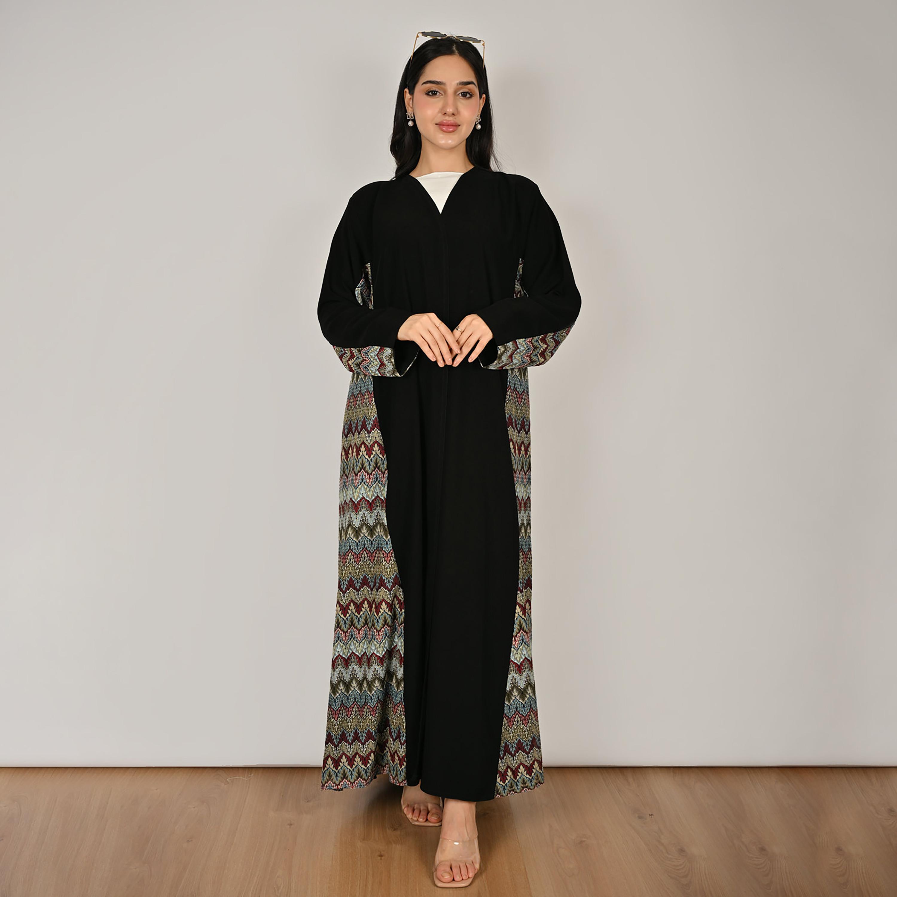 Hawraa Black Embroidered Women's Linen Abaya with Hijab-women-arabicclothing-abayas-image-1