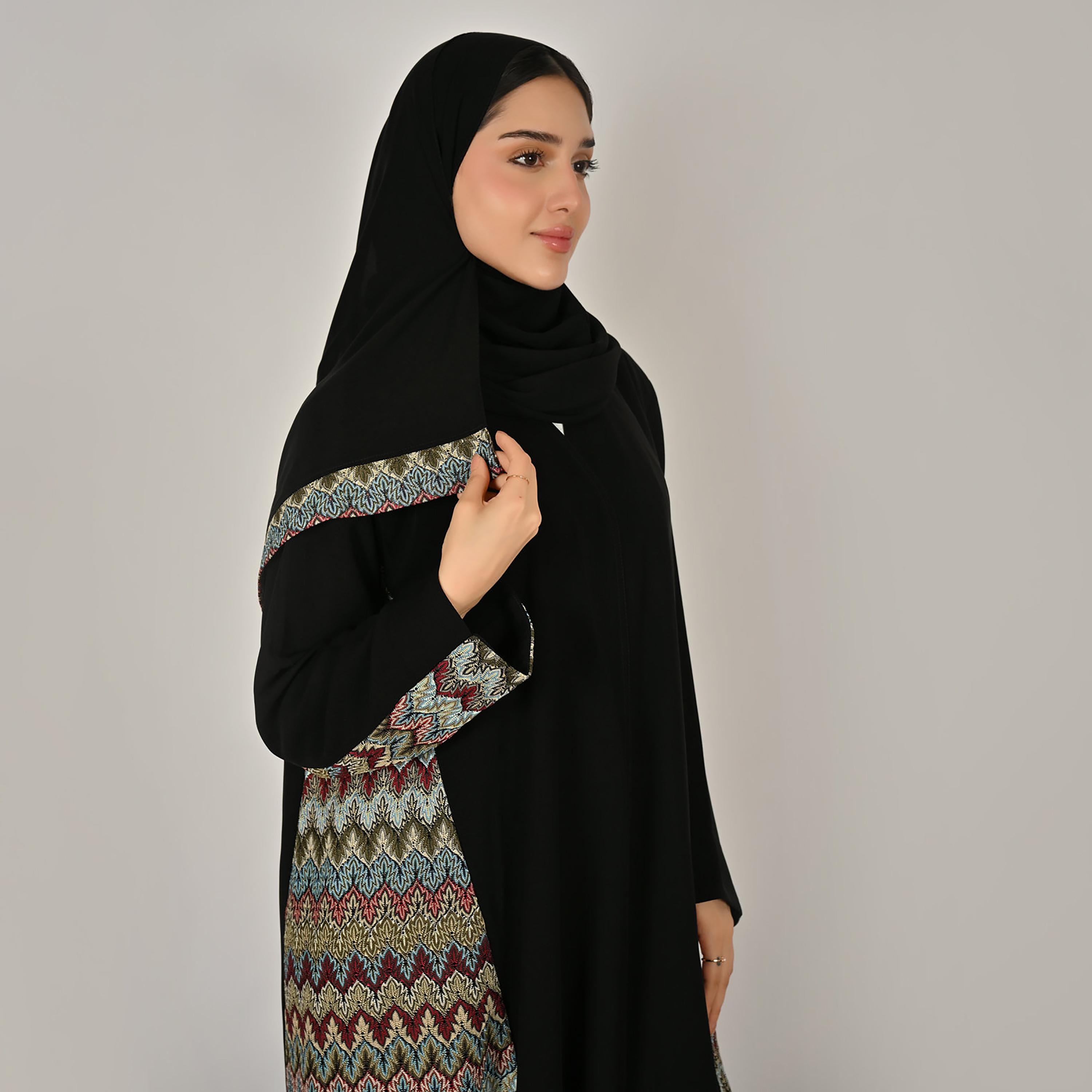 Hawraa Black Embroidered Women's Linen Abaya with Hijab-women-arabicclothing-abayas-image-2