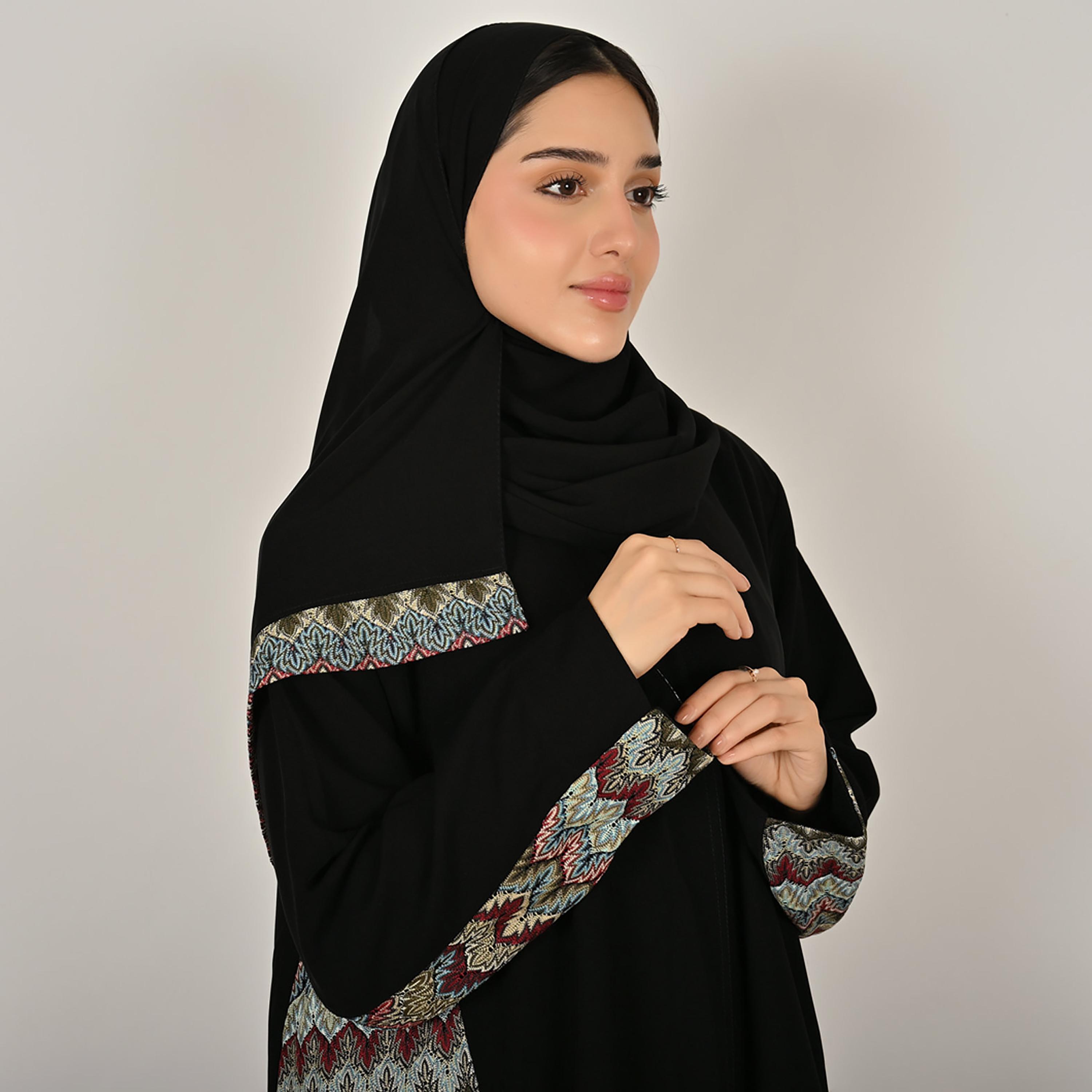 Hawraa Black Embroidered Women's Linen Abaya with Hijab-women-arabicclothing-abayas-image-3