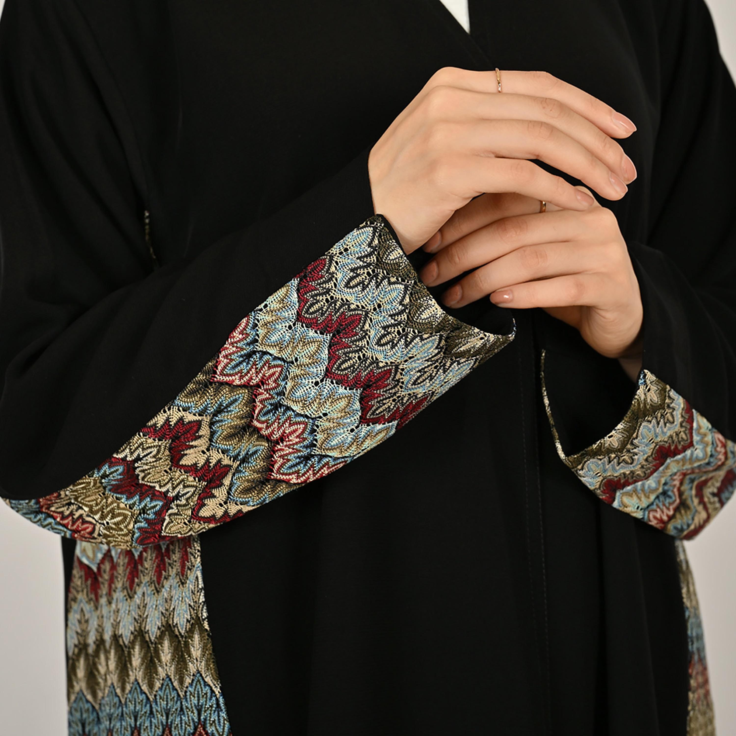 Hawraa Black Embroidered Women's Linen Abaya with Hijab-women-arabicclothing-abayas-image-4