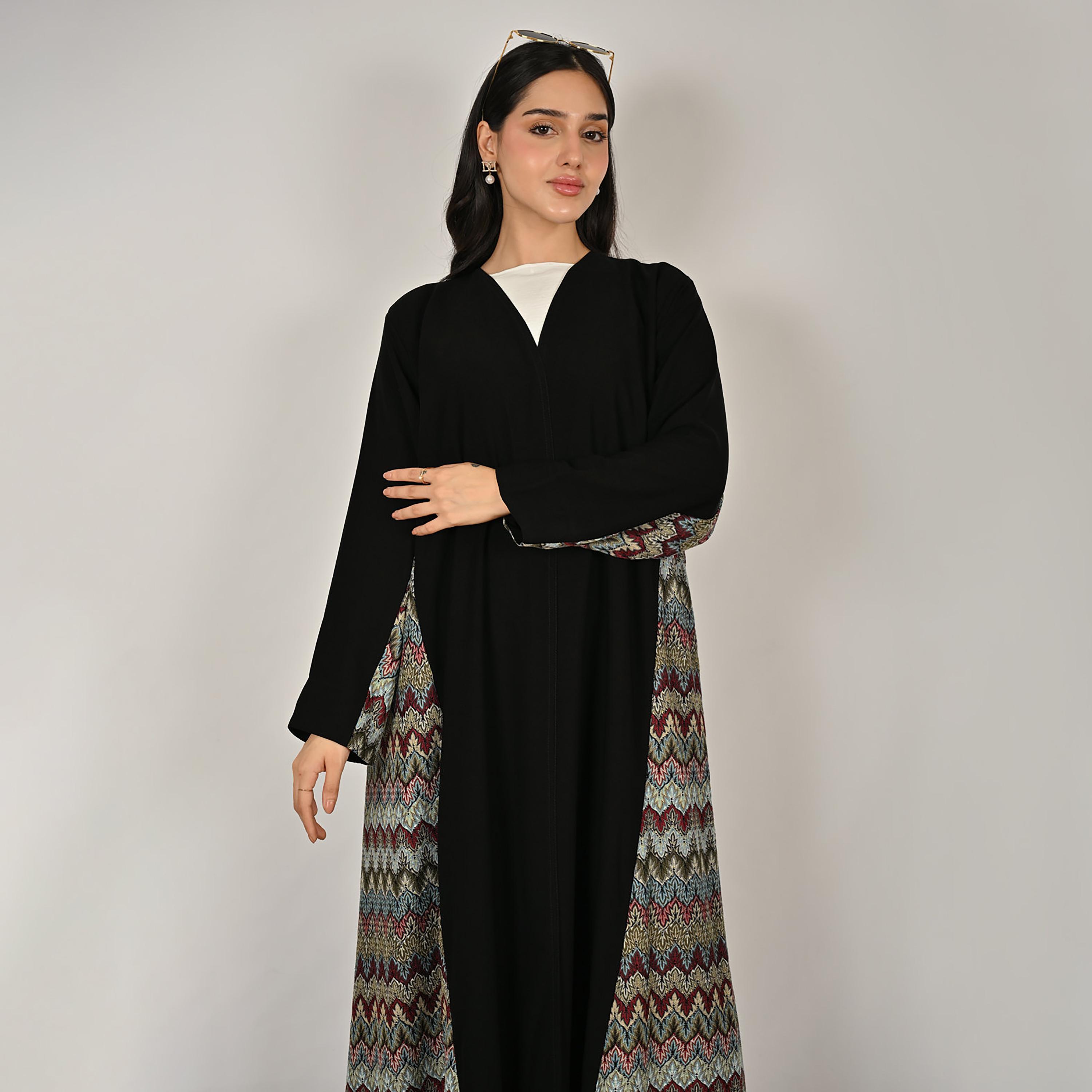 Hawraa Black Embroidered Women's Linen Abaya with Hijab-women-arabicclothing-abayas-image-9