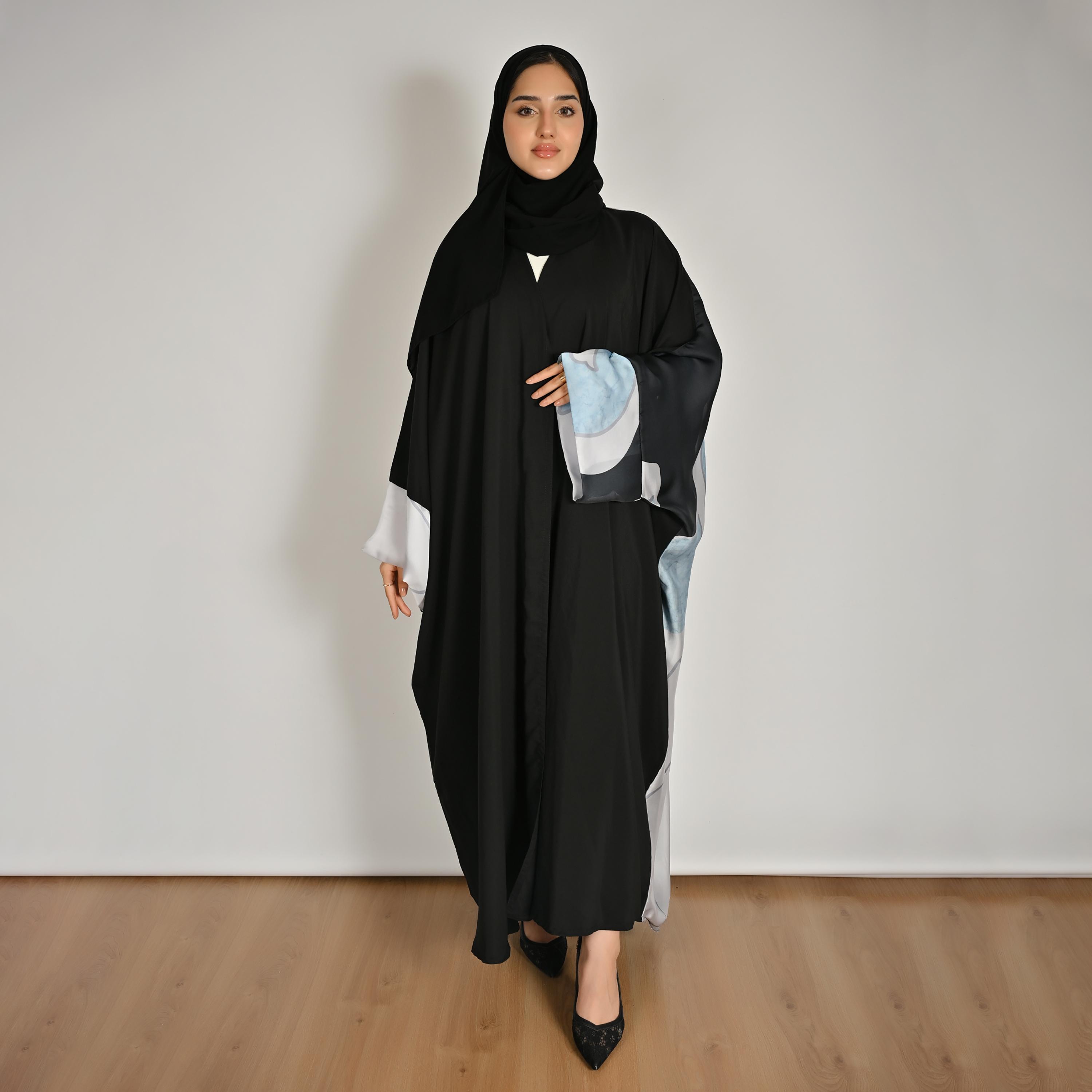 Hawraa Multicolour Abstract Printed Women's Butterfly Linen Abaya with Hijab-women-arabicclothing-abayas-image-1