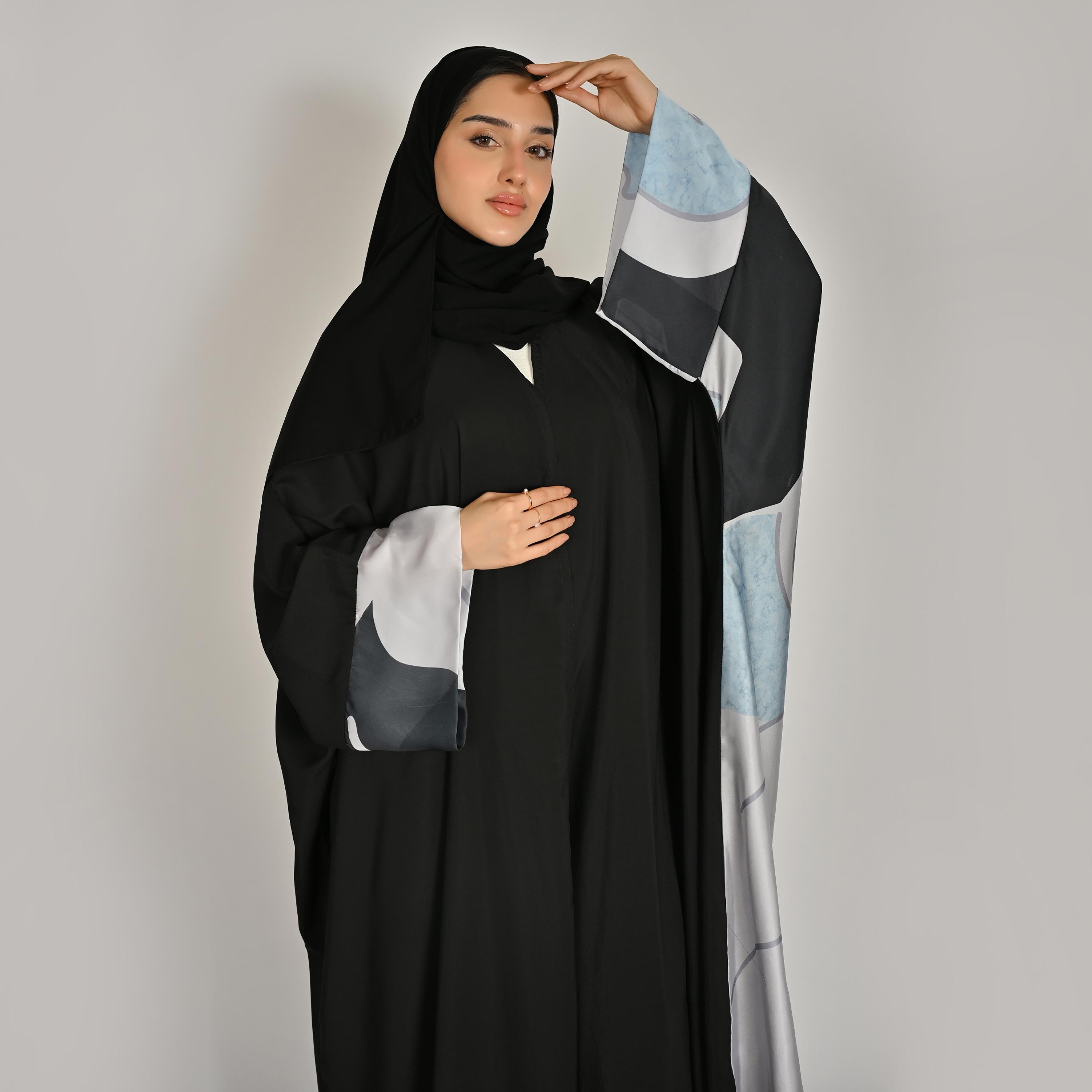 Hawraa Multicolour Abstract Printed Women's Butterfly Linen Abaya with Hijab-women-arabicclothing-abayas-image-2