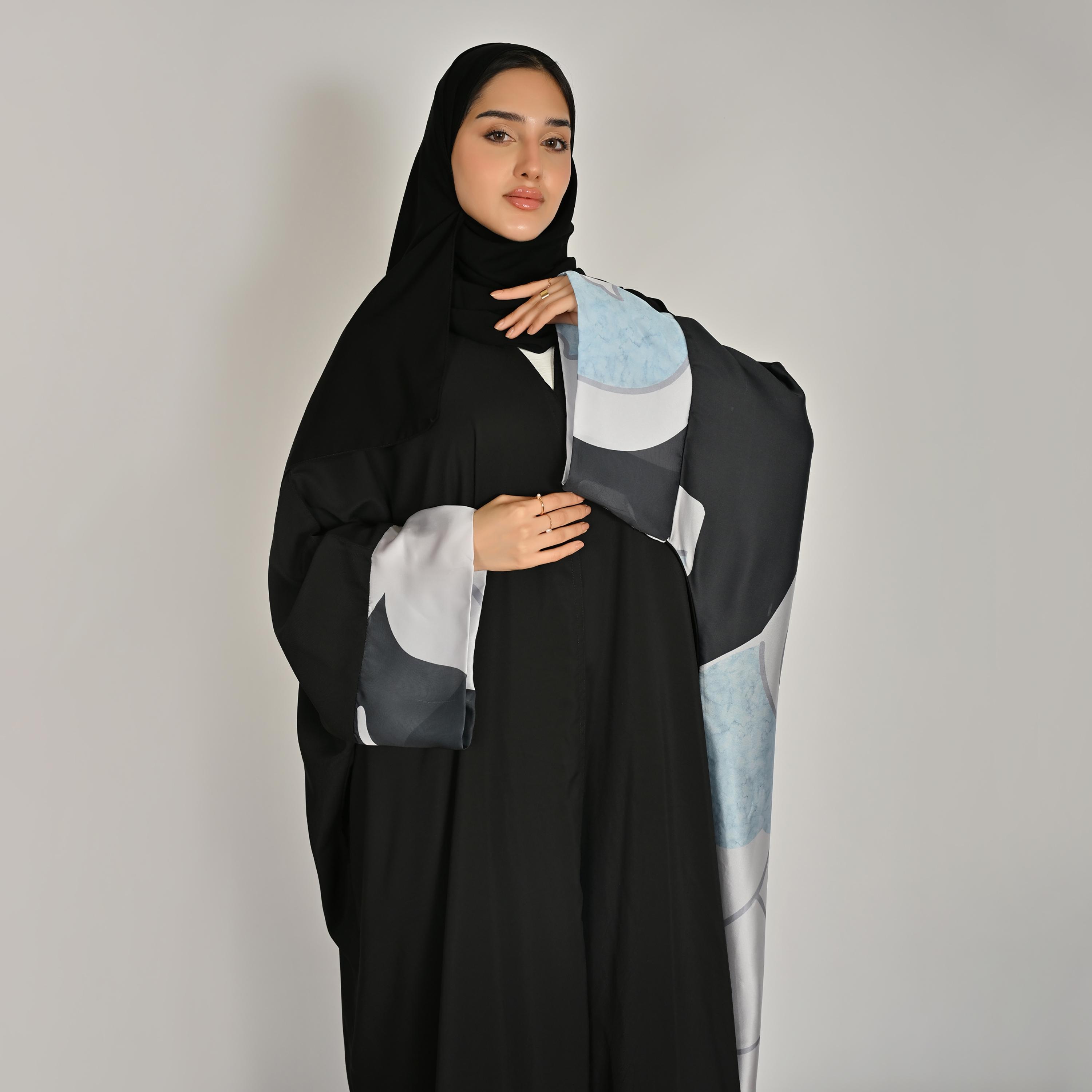 Hawraa Multicolour Abstract Printed Women's Butterfly Linen Abaya with Hijab-women-arabicclothing-abayas-image-3