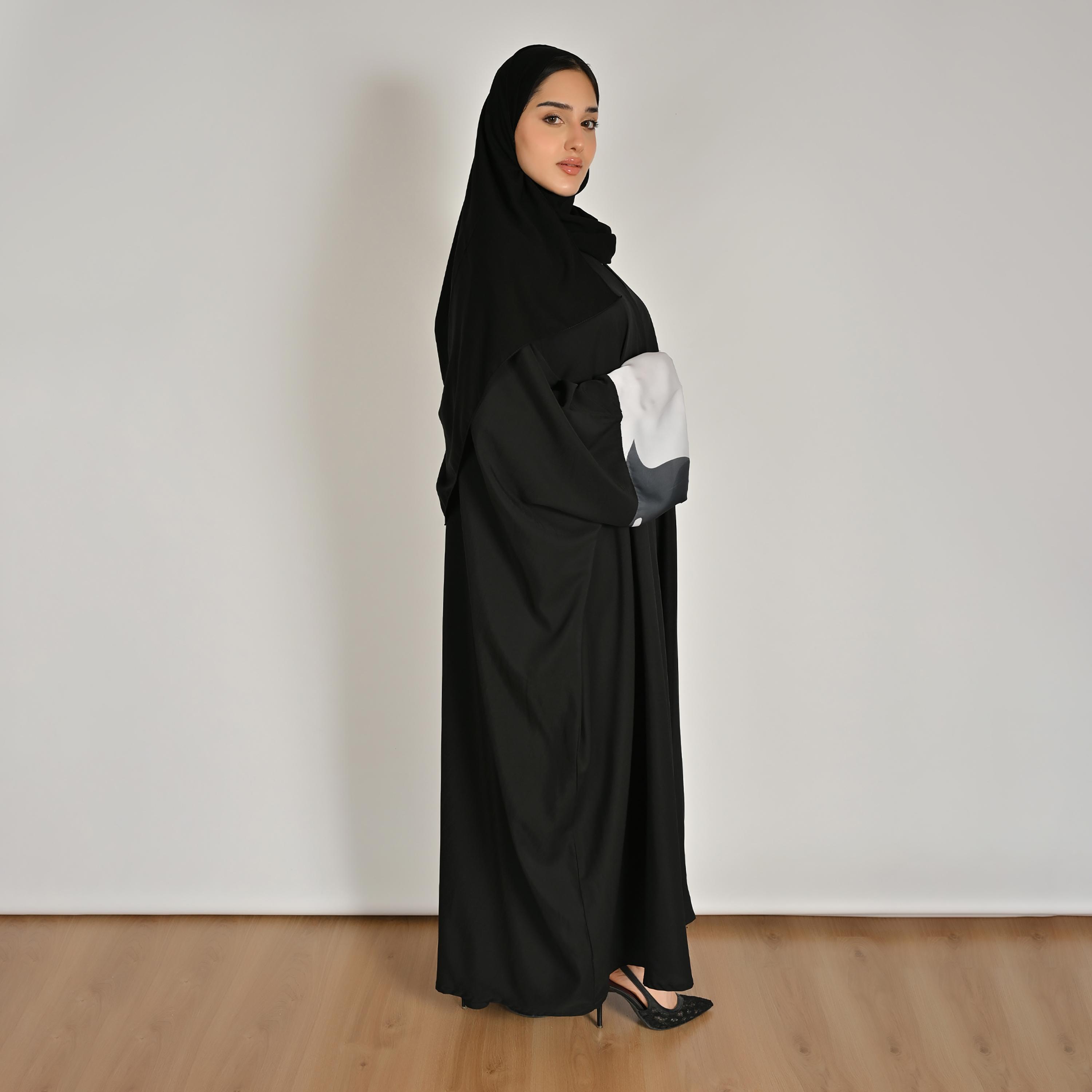 Hawraa Multicolour Abstract Printed Women's Butterfly Linen Abaya with Hijab-women-arabicclothing-abayas-image-4