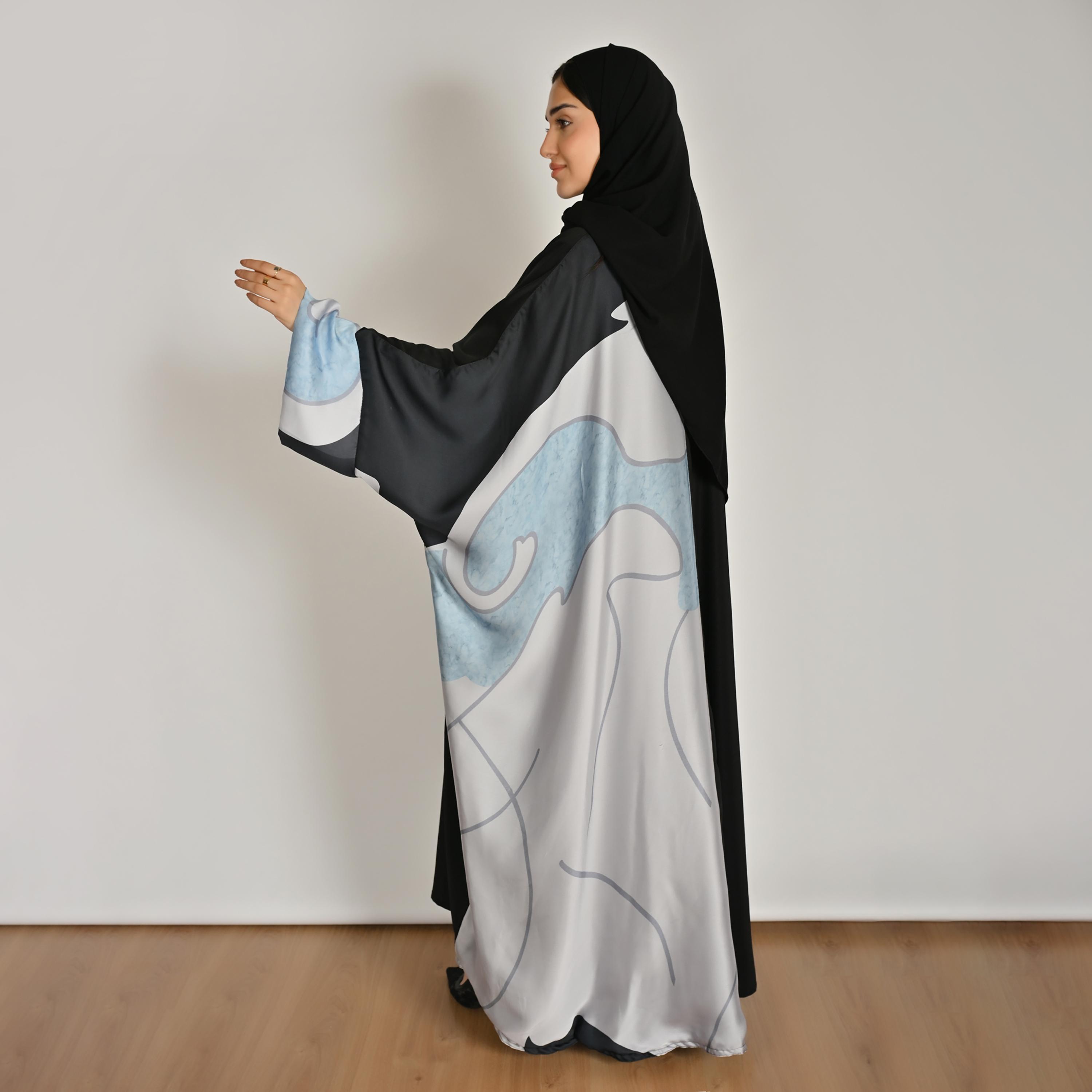 Hawraa Multicolour Abstract Printed Women's Butterfly Linen Abaya with Hijab-women-arabicclothing-abayas-image-5