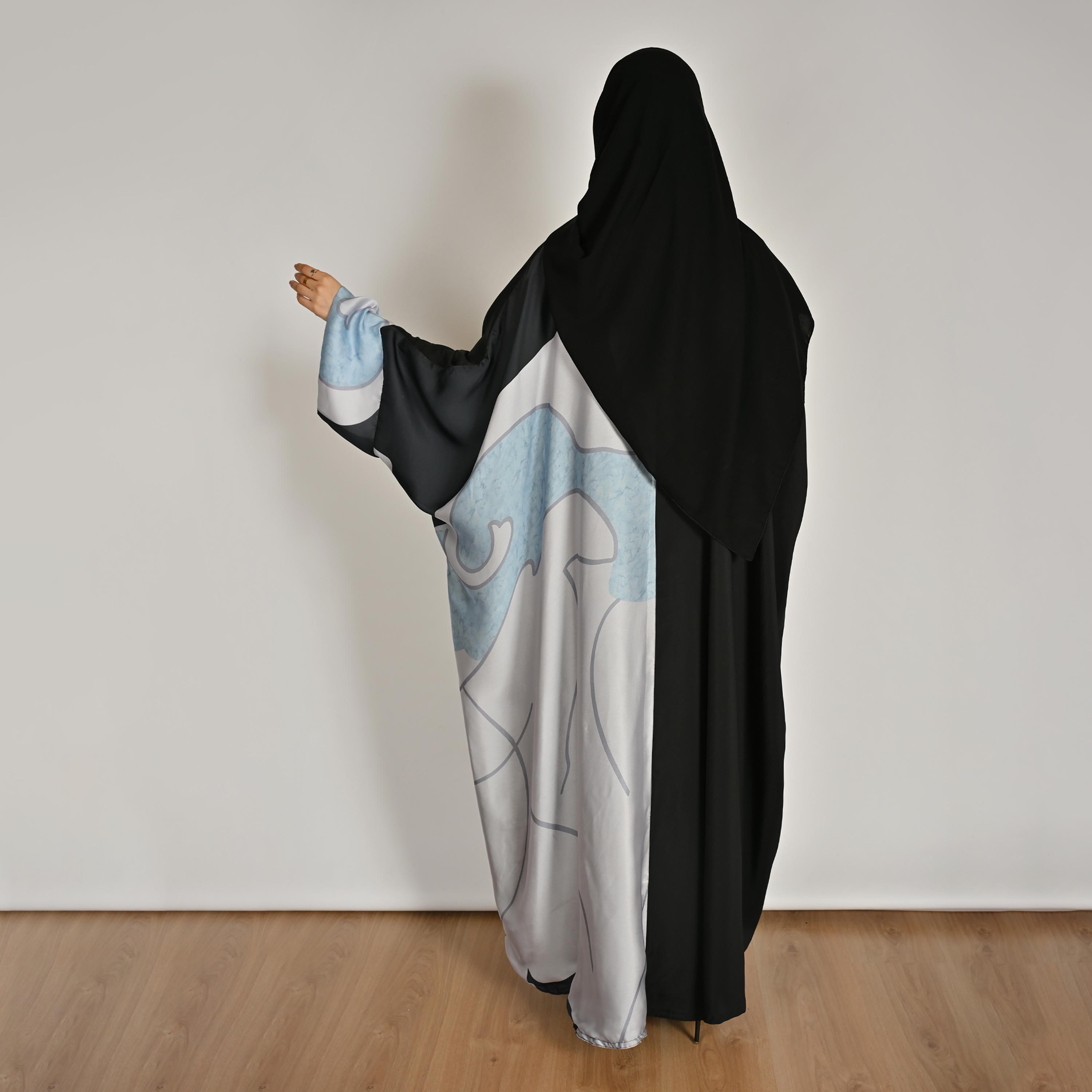 Hawraa Multicolour Abstract Printed Women's Butterfly Linen Abaya with Hijab-women-arabicclothing-abayas-image-6