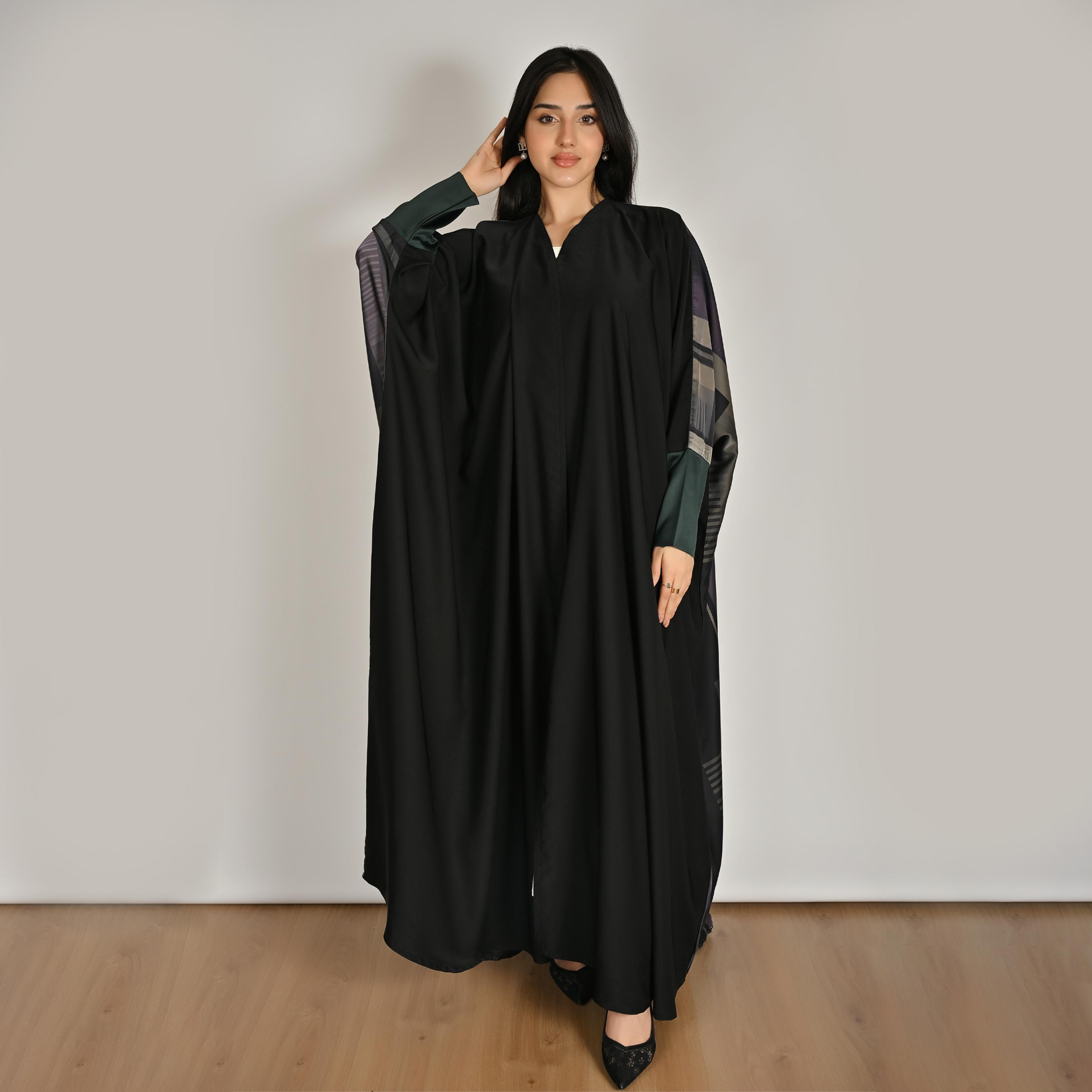 Hawraa Multicolour Abstract Geometric Printed Women's Butterfly Linen Abaya with Hijab-women-arabicclothing-abayas-image-1