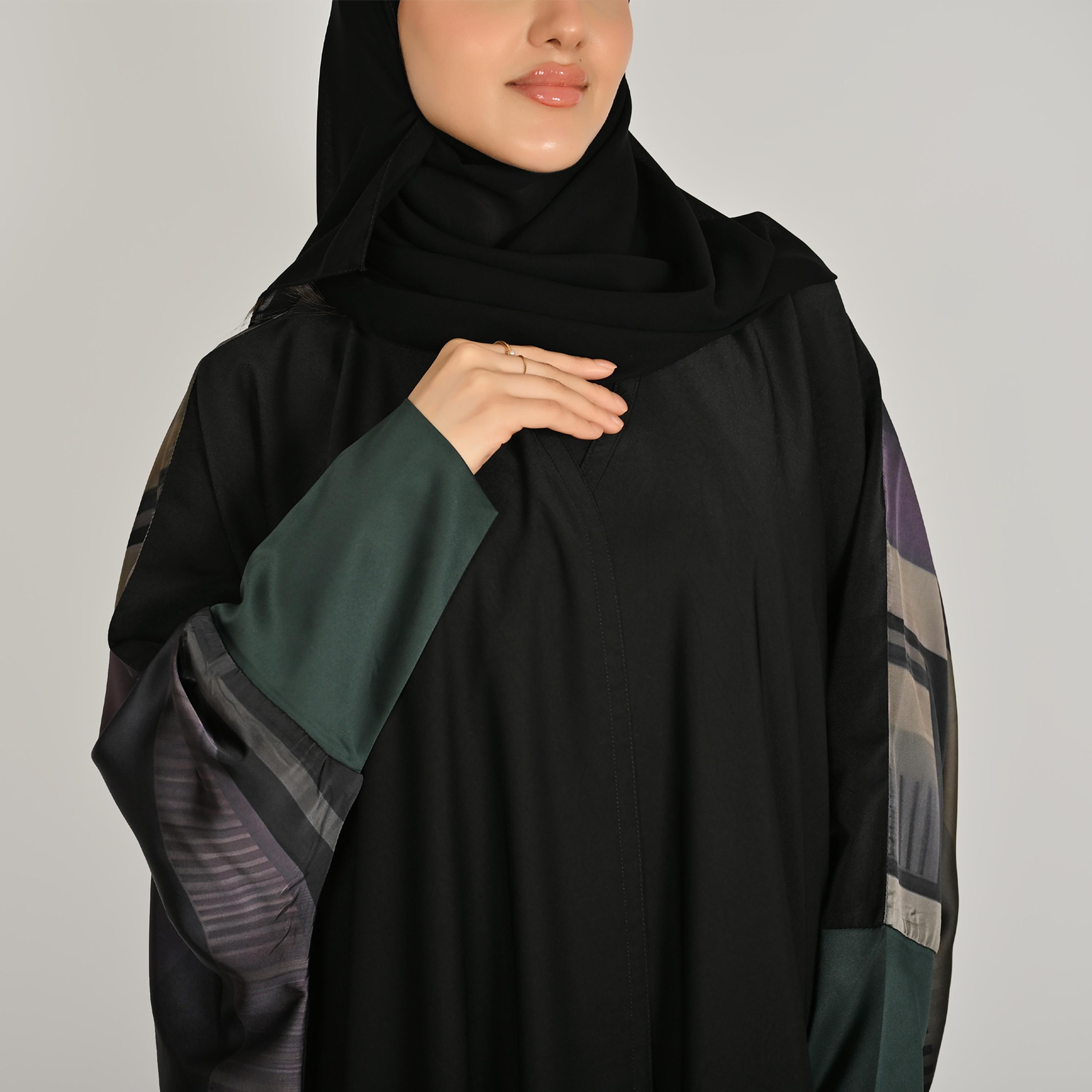 Hawraa Multicolour Abstract Geometric Printed Women's Butterfly Linen Abaya with Hijab-women-arabicclothing-abayas-image-2