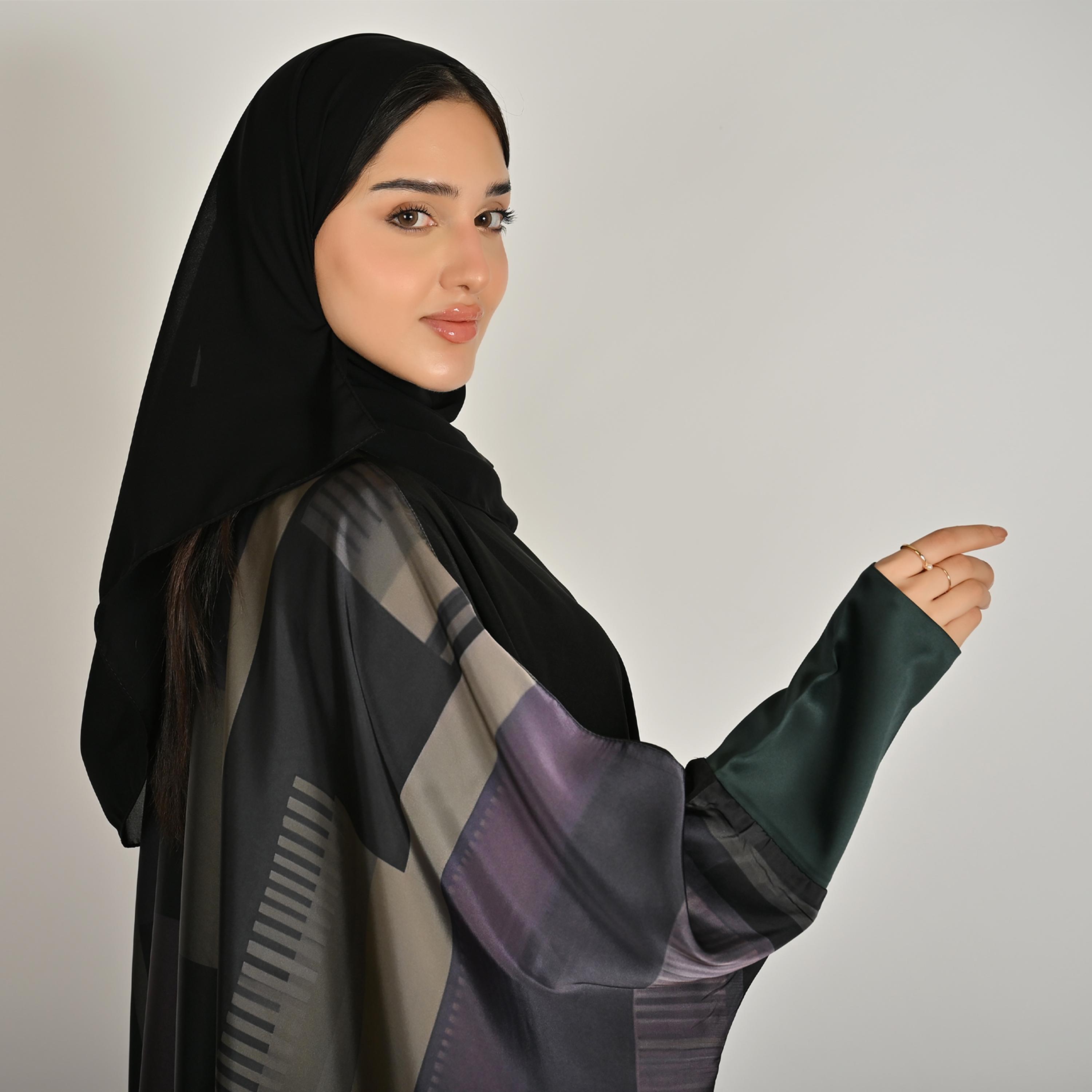 Hawraa Multicolour Abstract Geometric Printed Women's Butterfly Linen Abaya with Hijab-women-arabicclothing-abayas-image-3