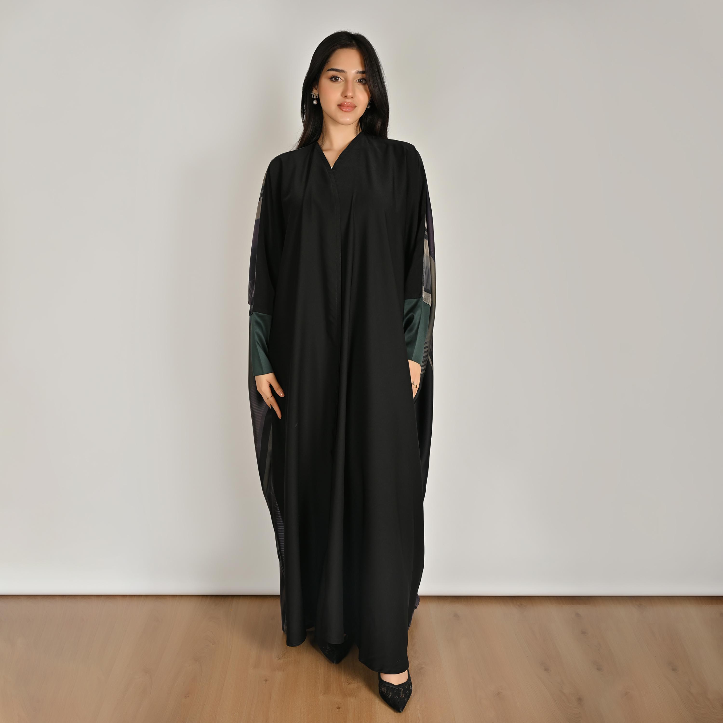 Hawraa Multicolour Abstract Geometric Printed Women's Butterfly Linen Abaya with Hijab-women-arabicclothing-abayas-image-4