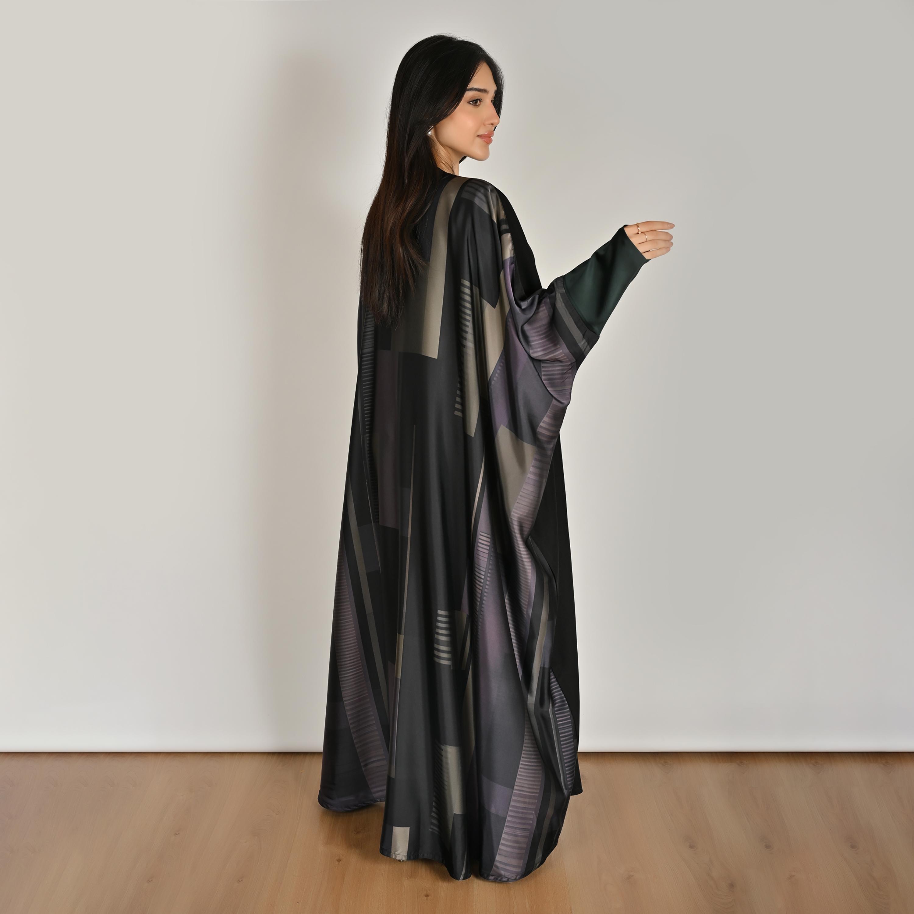 Hawraa Multicolour Abstract Geometric Printed Women's Butterfly Linen Abaya with Hijab-women-arabicclothing-abayas-image-5