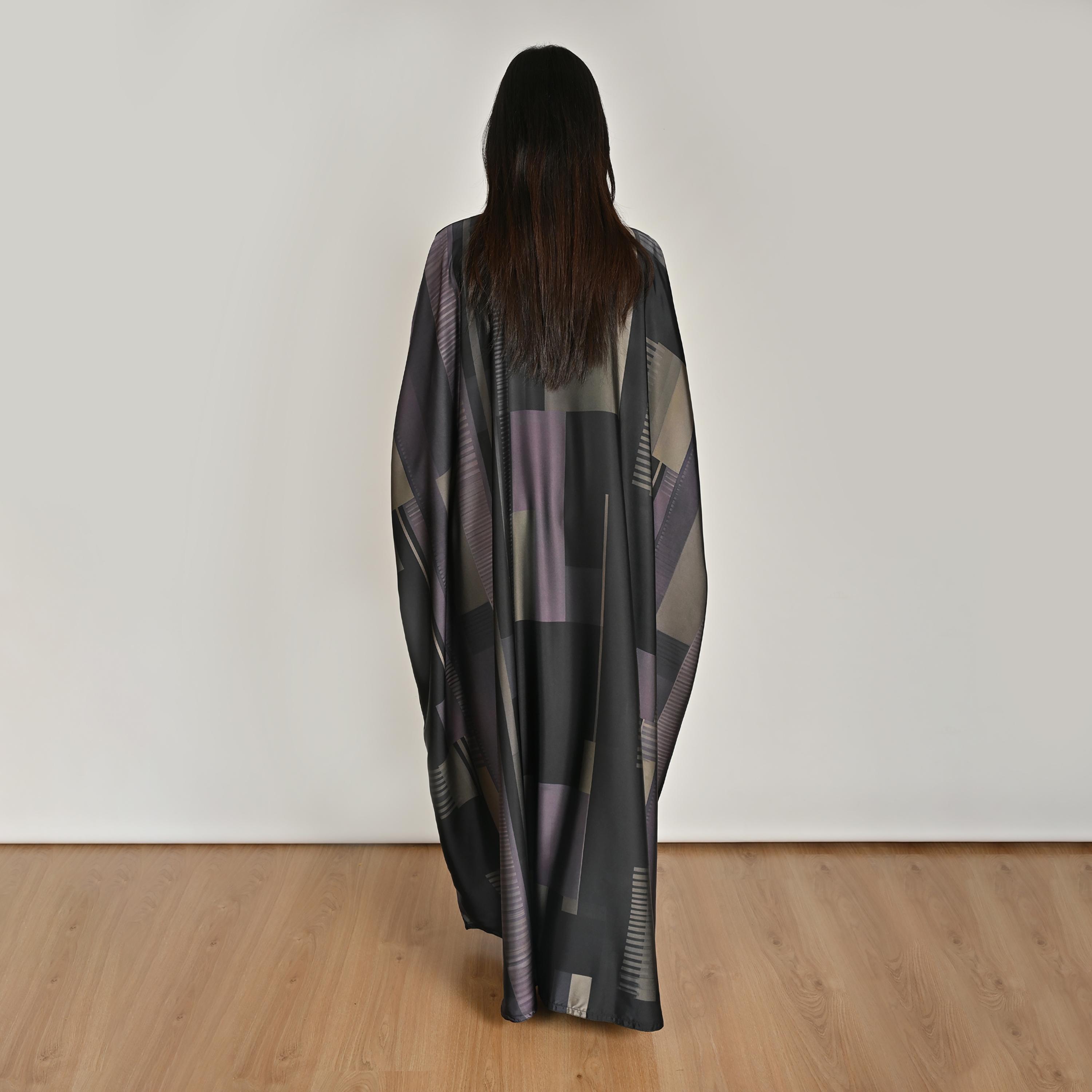 Hawraa Multicolour Abstract Geometric Printed Women's Butterfly Linen Abaya with Hijab-women-arabicclothing-abayas-image-6