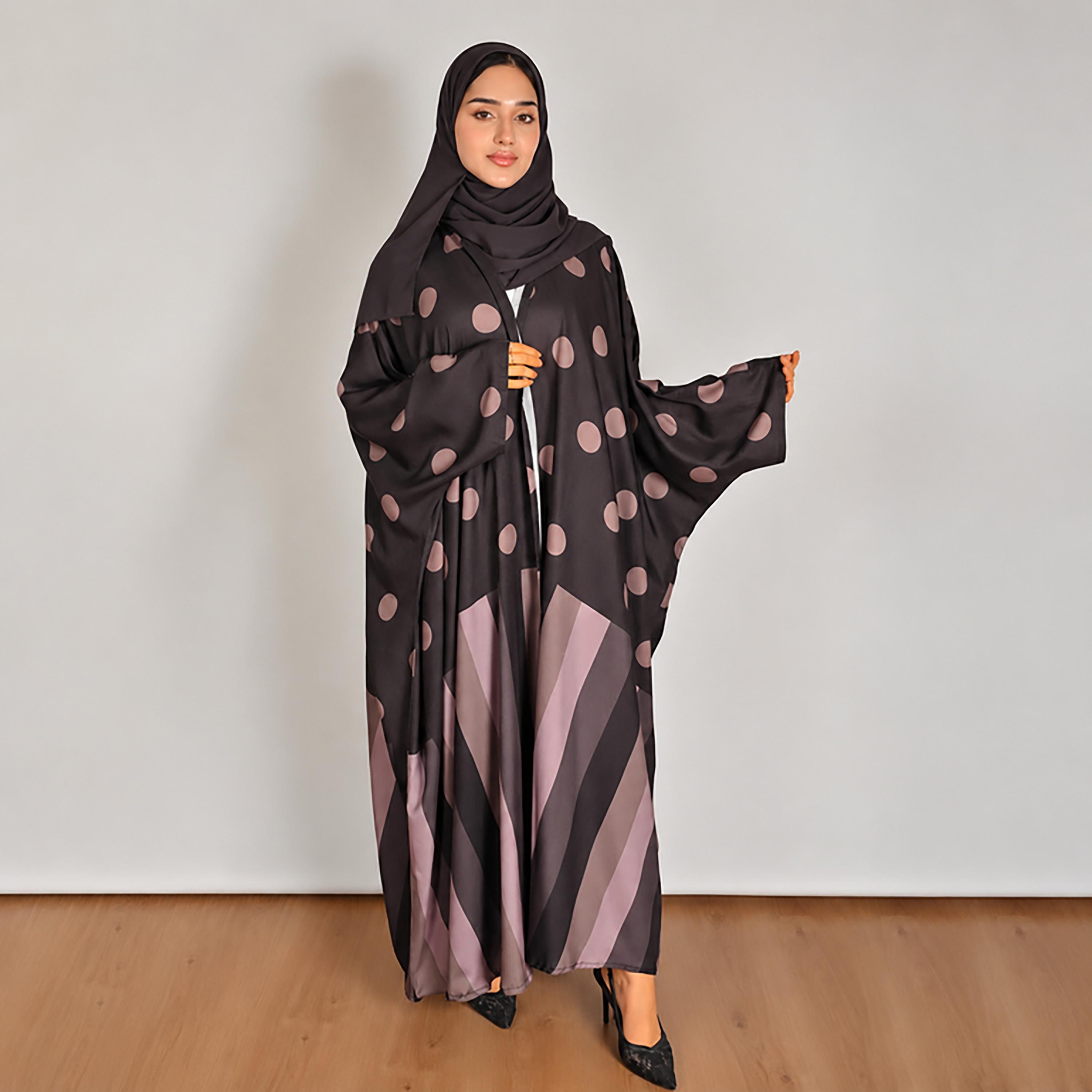 عباية بشت كتان حريمي بنقشة منقطة متعددة الألوان مع حجاب من حوراء-women-arabicclothing-abayas-image-1