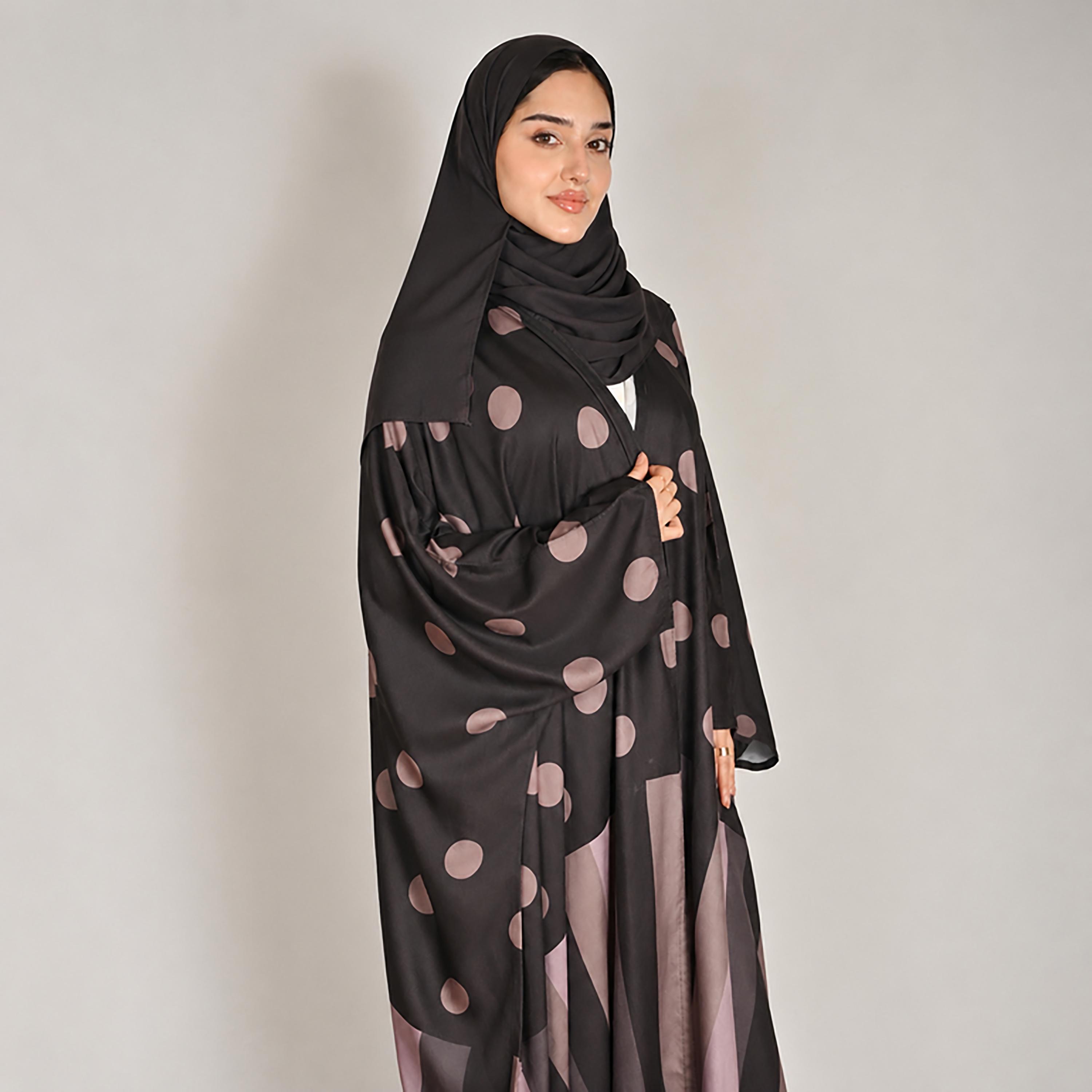 عباية بشت كتان حريمي بنقشة منقطة متعددة الألوان مع حجاب من حوراء-women-arabicclothing-abayas-image-2