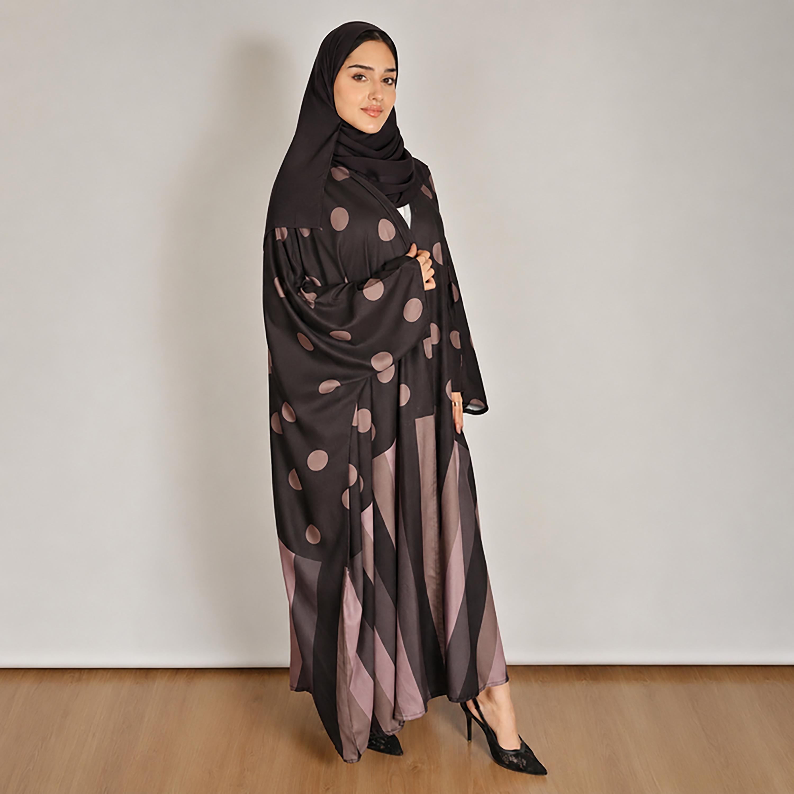 عباية بشت كتان حريمي بنقشة منقطة متعددة الألوان مع حجاب من حوراء-women-arabicclothing-abayas-image-4