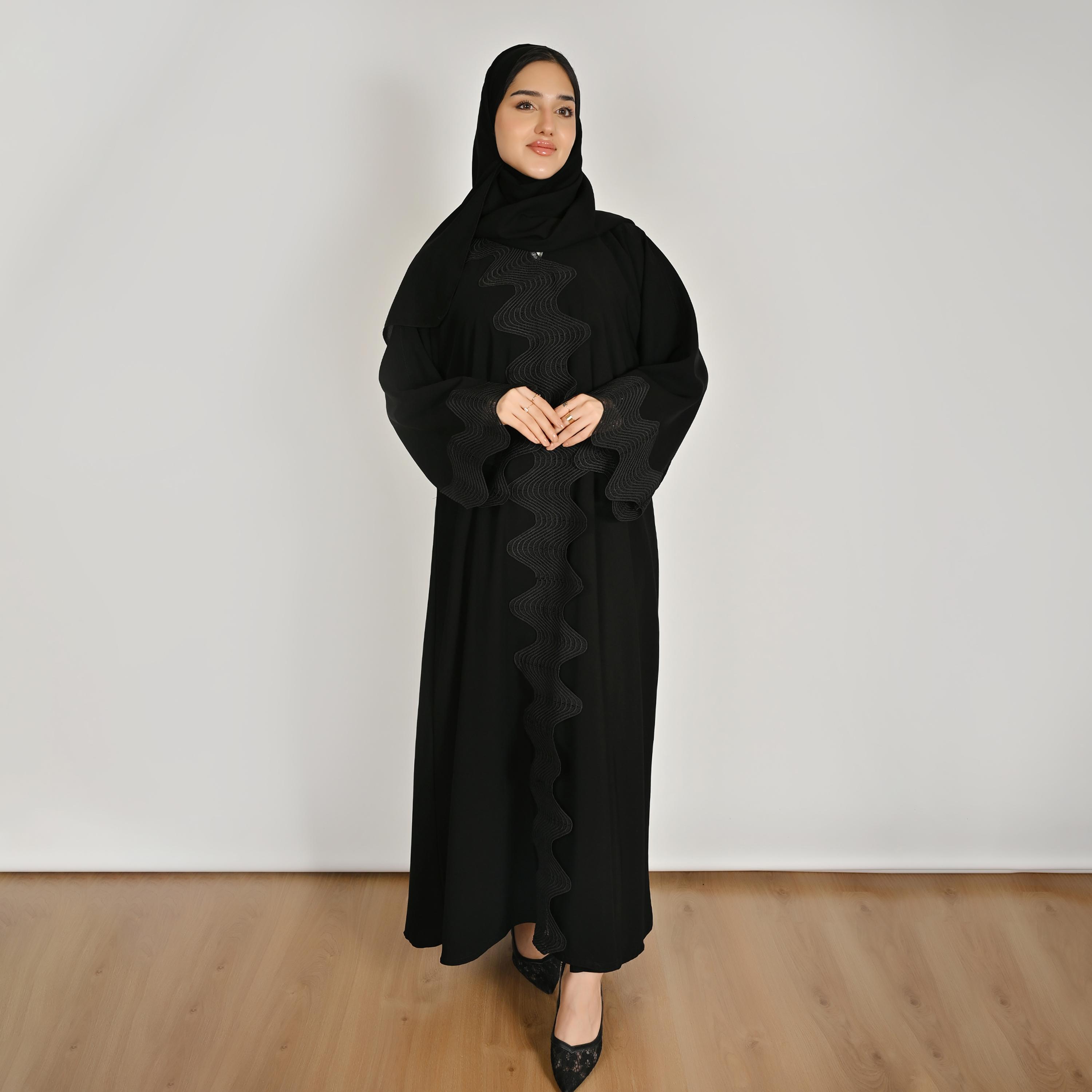 Hawraa Black Wide Sleeves Women's Embroidered Linen Abaya with Hijab-women-arabicclothing-abayas-image-1