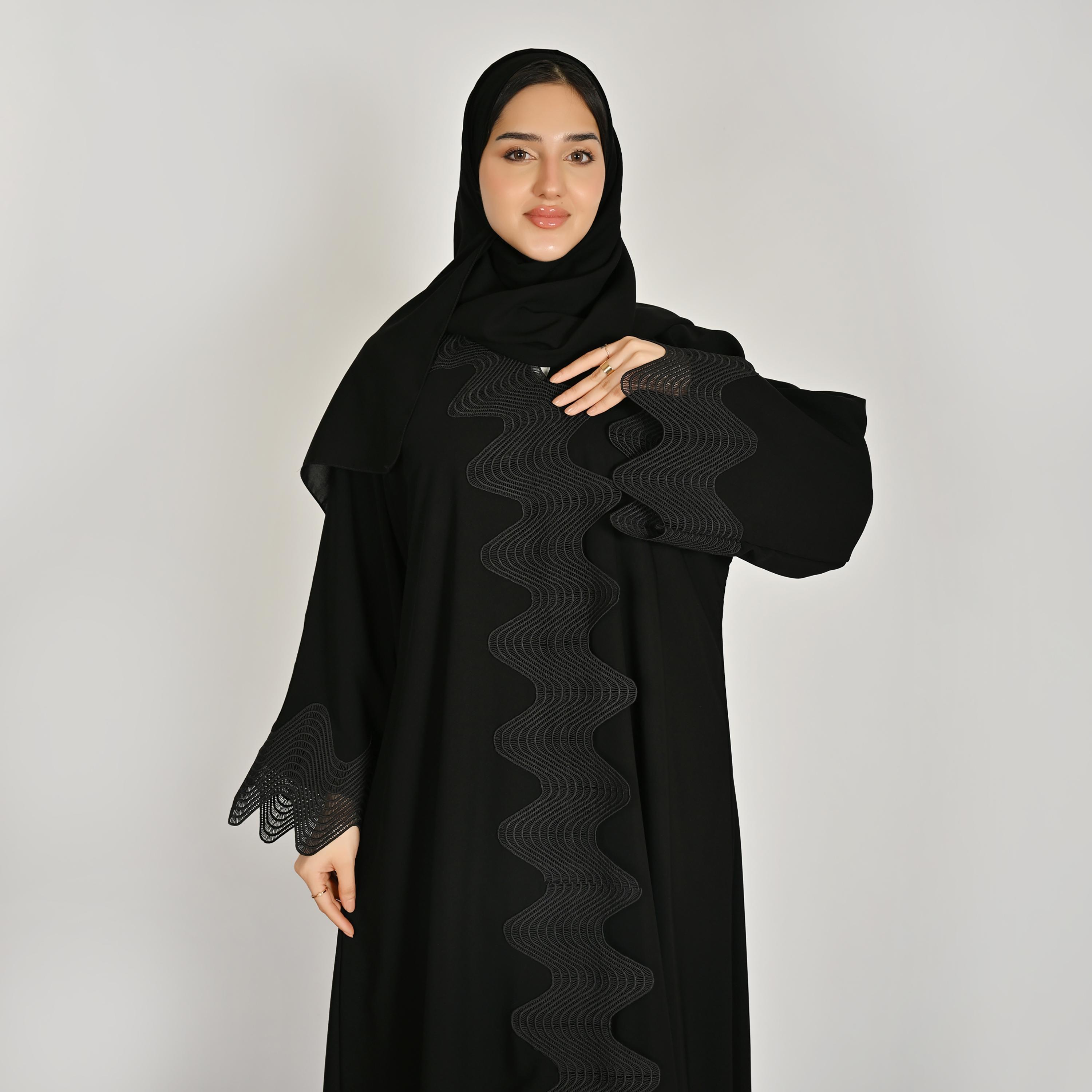 Hawraa Black Wide Sleeves Women's Embroidered Linen Abaya with Hijab-women-arabicclothing-abayas-image-2