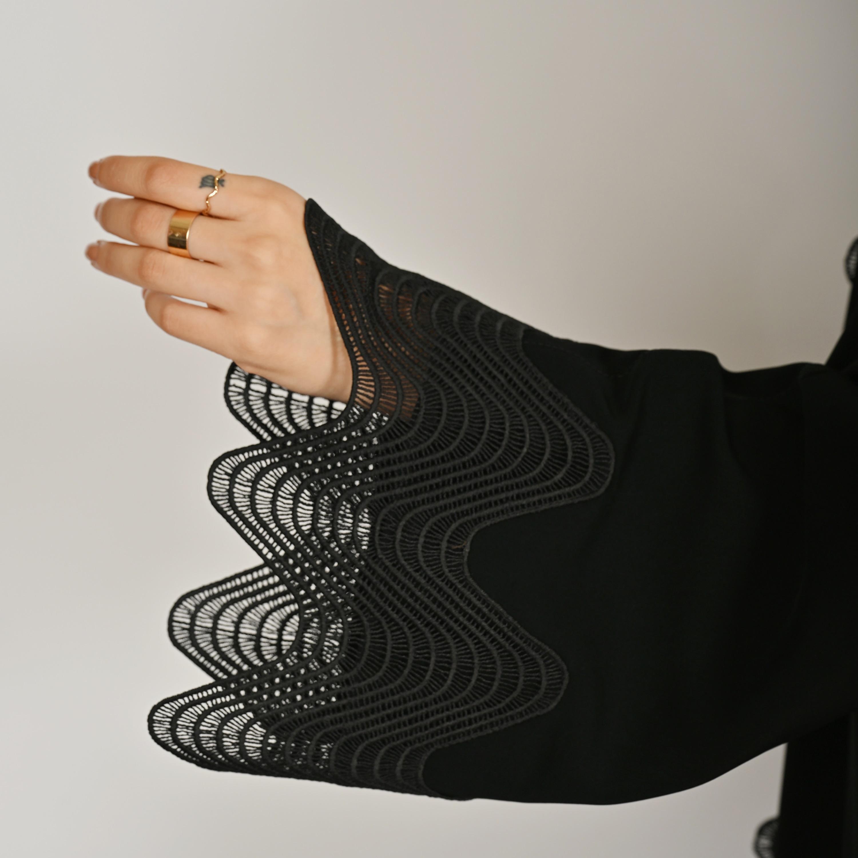 Hawraa Black Wide Sleeves Women's Embroidered Linen Abaya with Hijab-women-arabicclothing-abayas-image-3