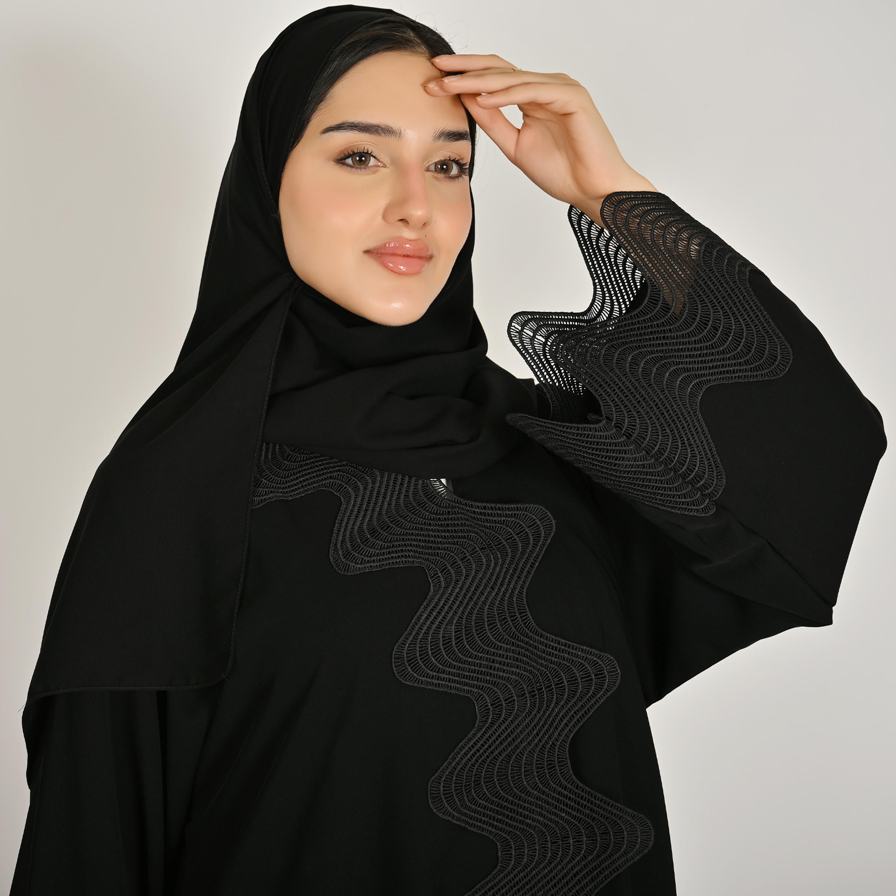 Hawraa Black Wide Sleeves Women's Embroidered Linen Abaya with Hijab-women-arabicclothing-abayas-image-4
