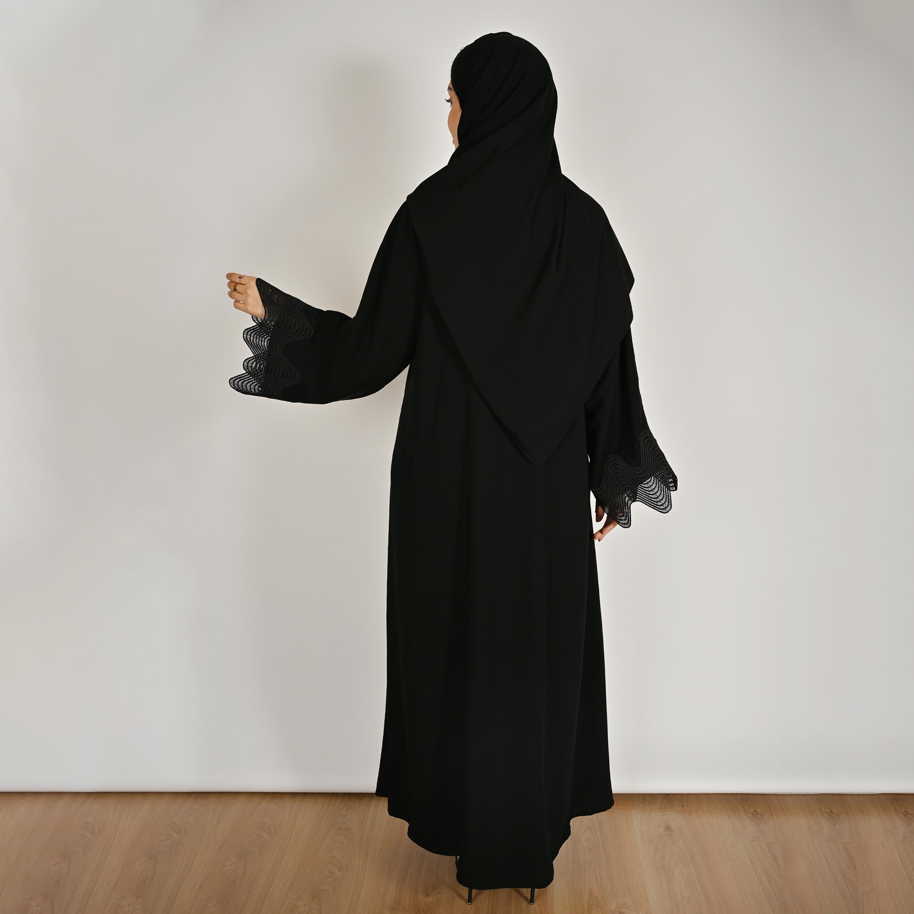Hawraa Black Wide Sleeves Women's Embroidered Linen Abaya with Hijab-women-arabicclothing-abayas-image-5