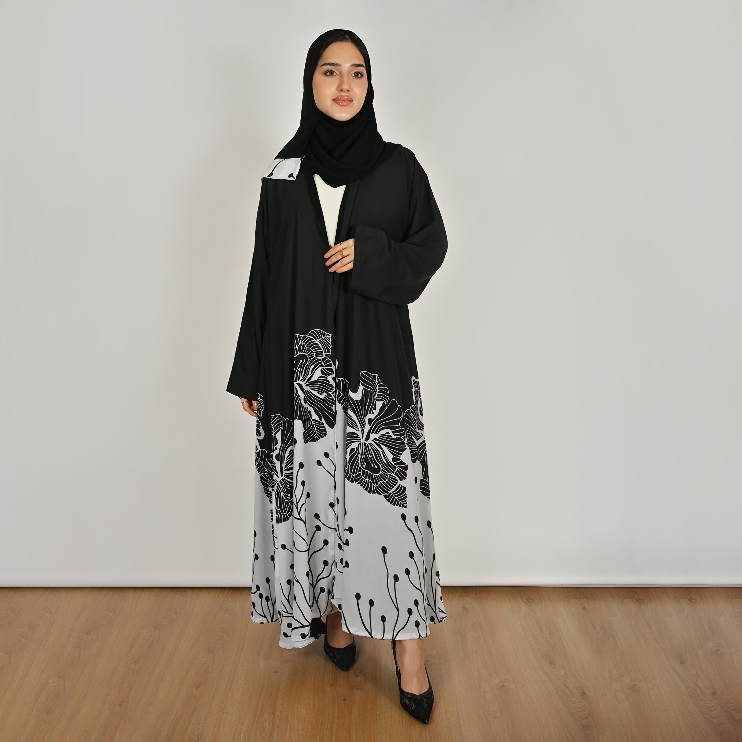 عباية كتان حريمي بطبعة زهور على الحافة متعددة الألوان مع حجاب من حوراء-women-arabicclothing-abayas-image-1