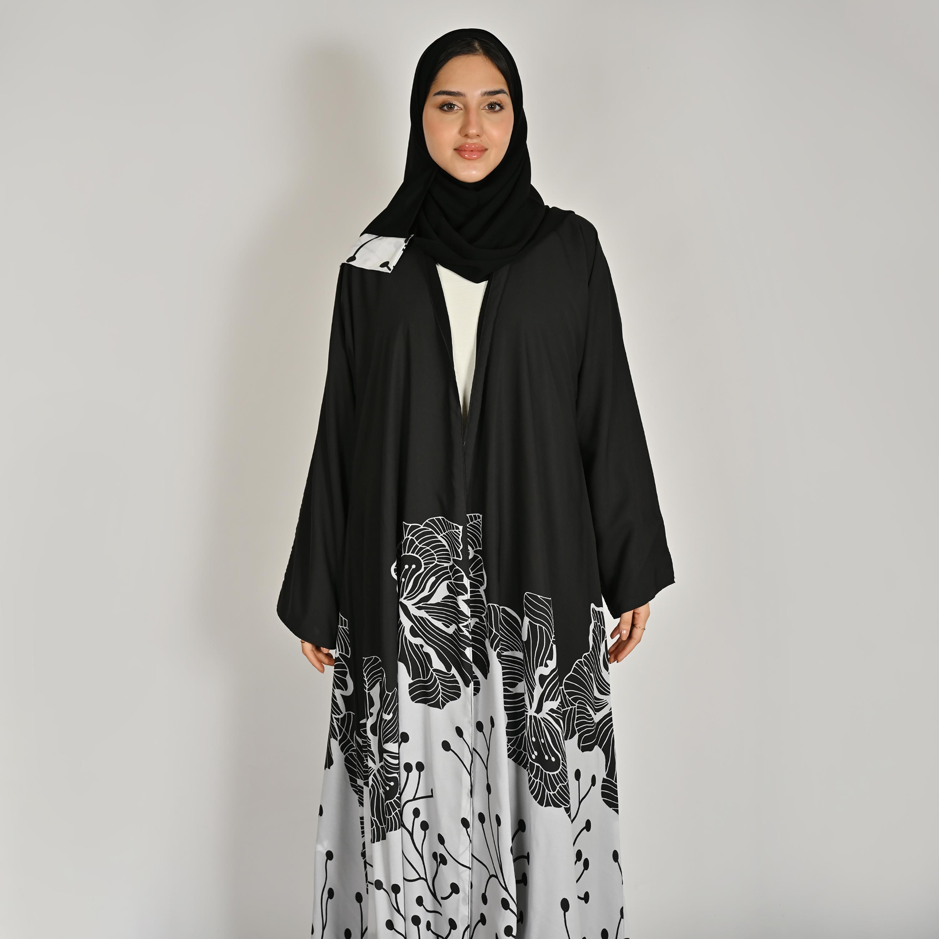 عباية كتان حريمي بطبعة زهور على الحافة متعددة الألوان مع حجاب من حوراء-women-arabicclothing-abayas-image-2