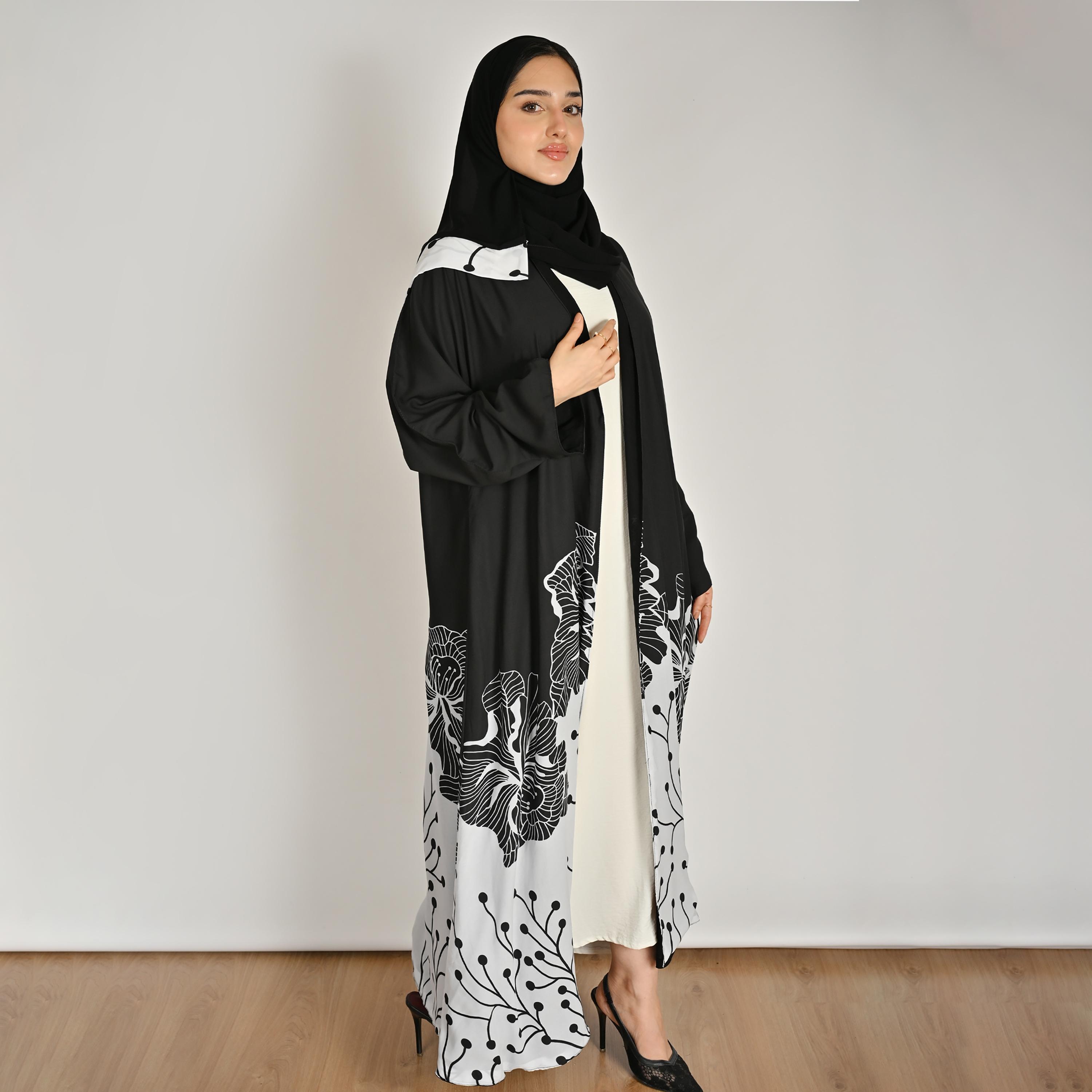 عباية كتان حريمي بطبعة زهور على الحافة متعددة الألوان مع حجاب من حوراء-women-arabicclothing-abayas-image-4